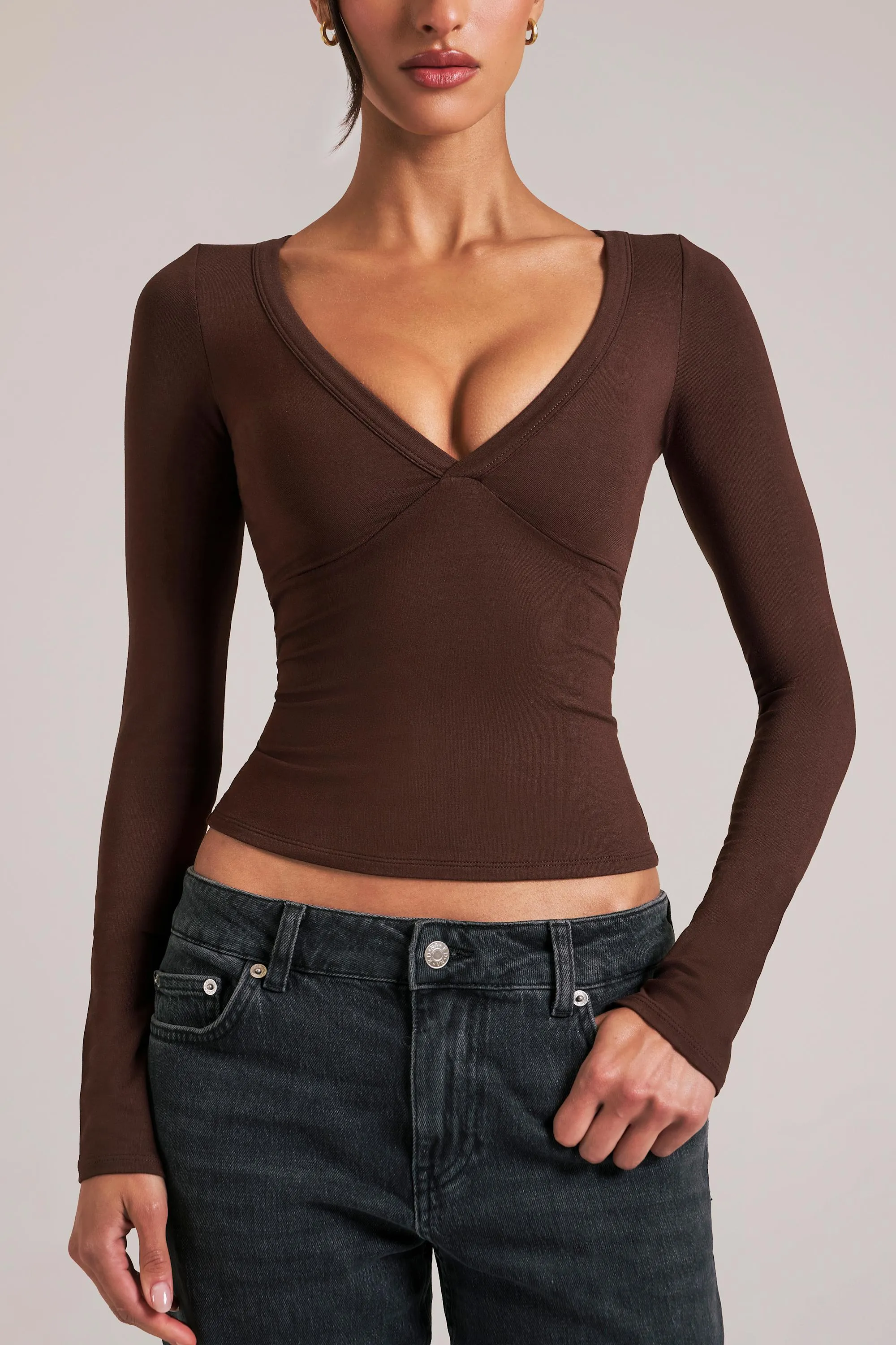 V-Neck Long-Sleeve Top in Chocolate Brown sold by Oh Polly product image thumbnail 4