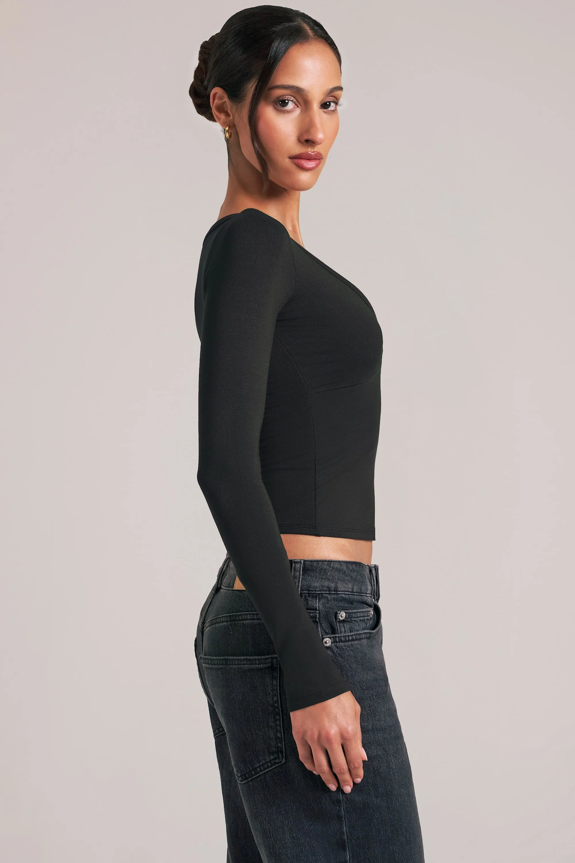V-Neck Long-Sleeve Top in Black sold by Oh Polly product image thumbnail 3