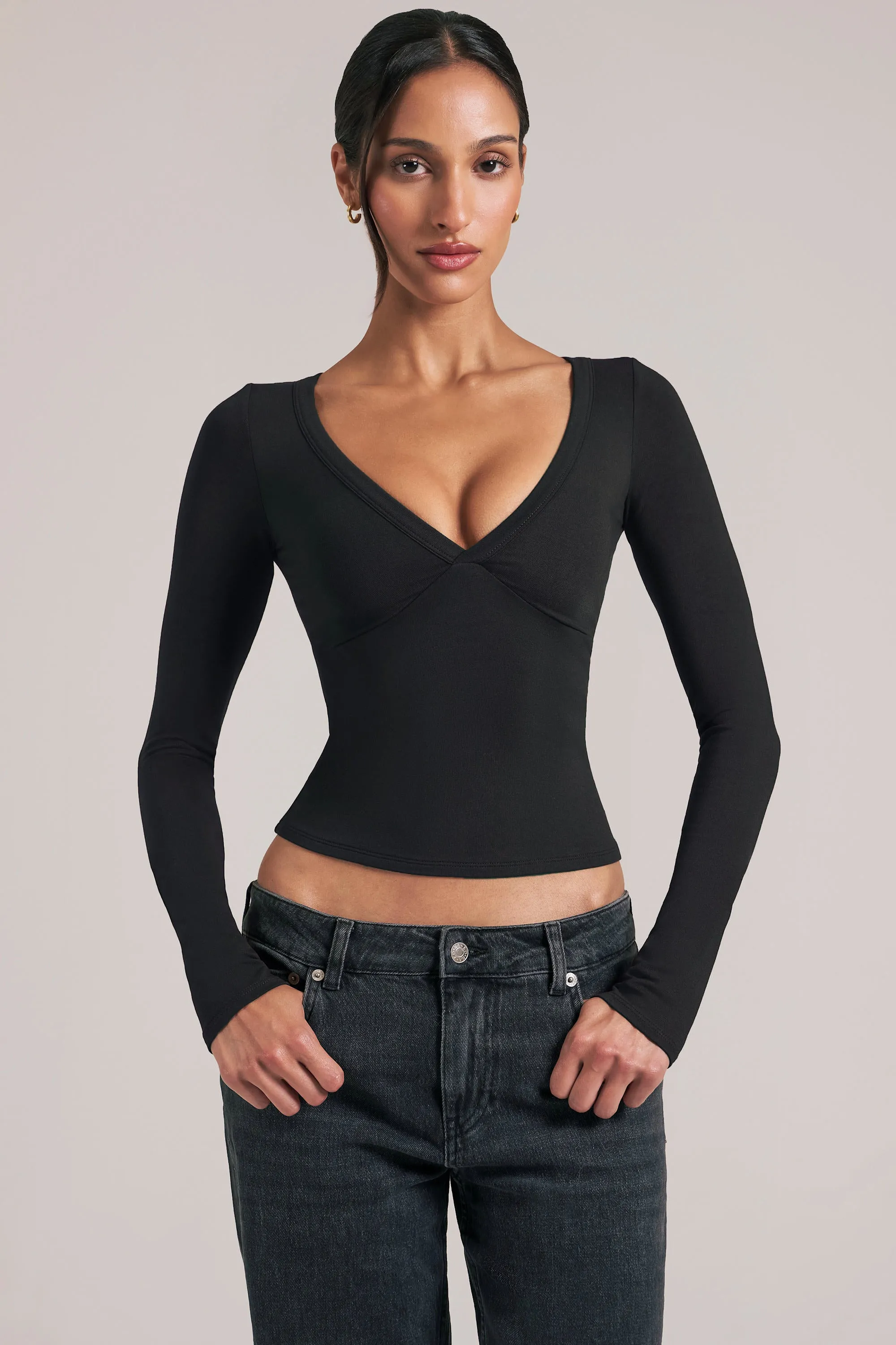 V-Neck Long-Sleeve Top in Black sold by Oh Polly