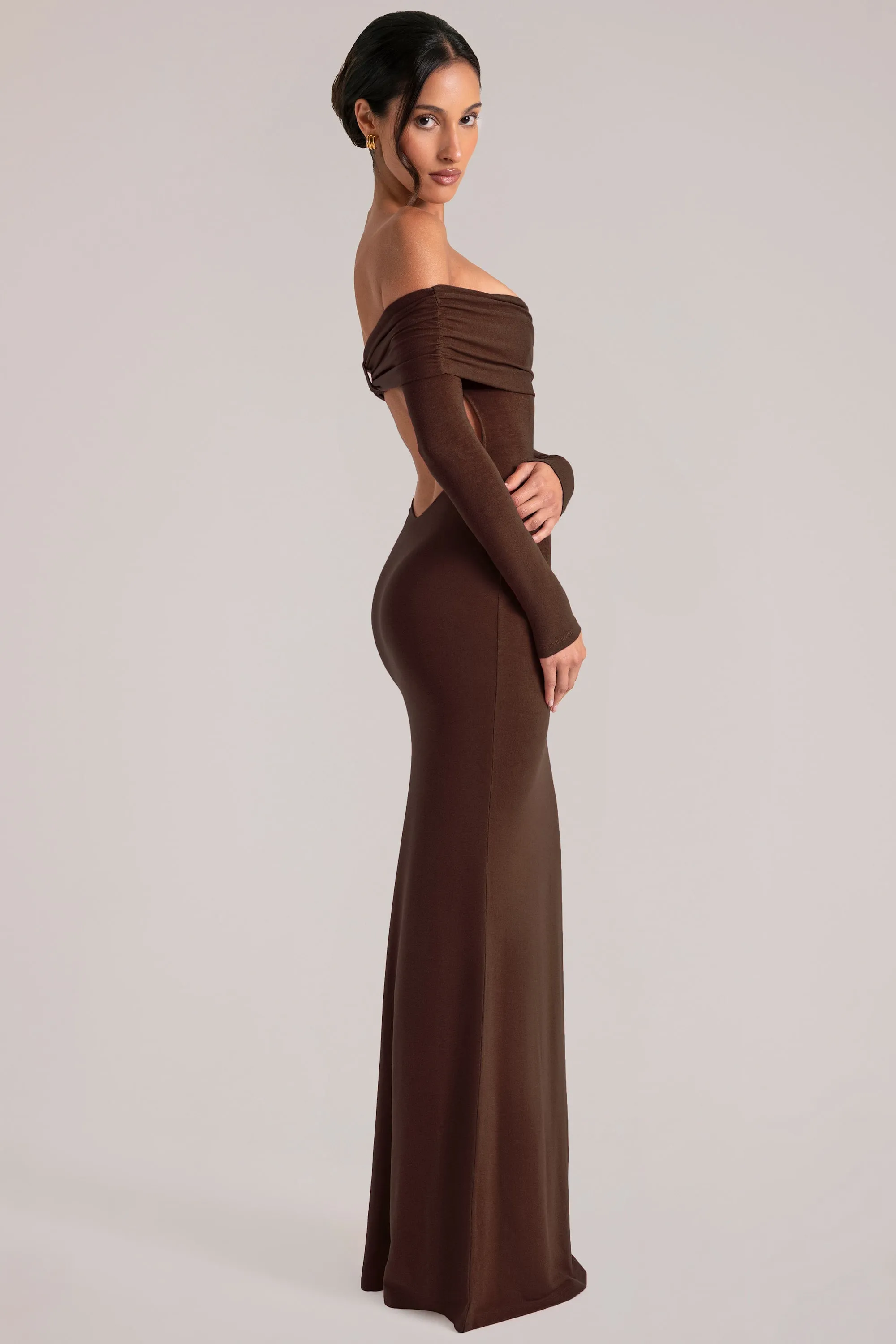 Off-Shoulder Long-Sleeve Maxi Dress in Chocolate Brown sold by Oh Polly product image thumbnail 3