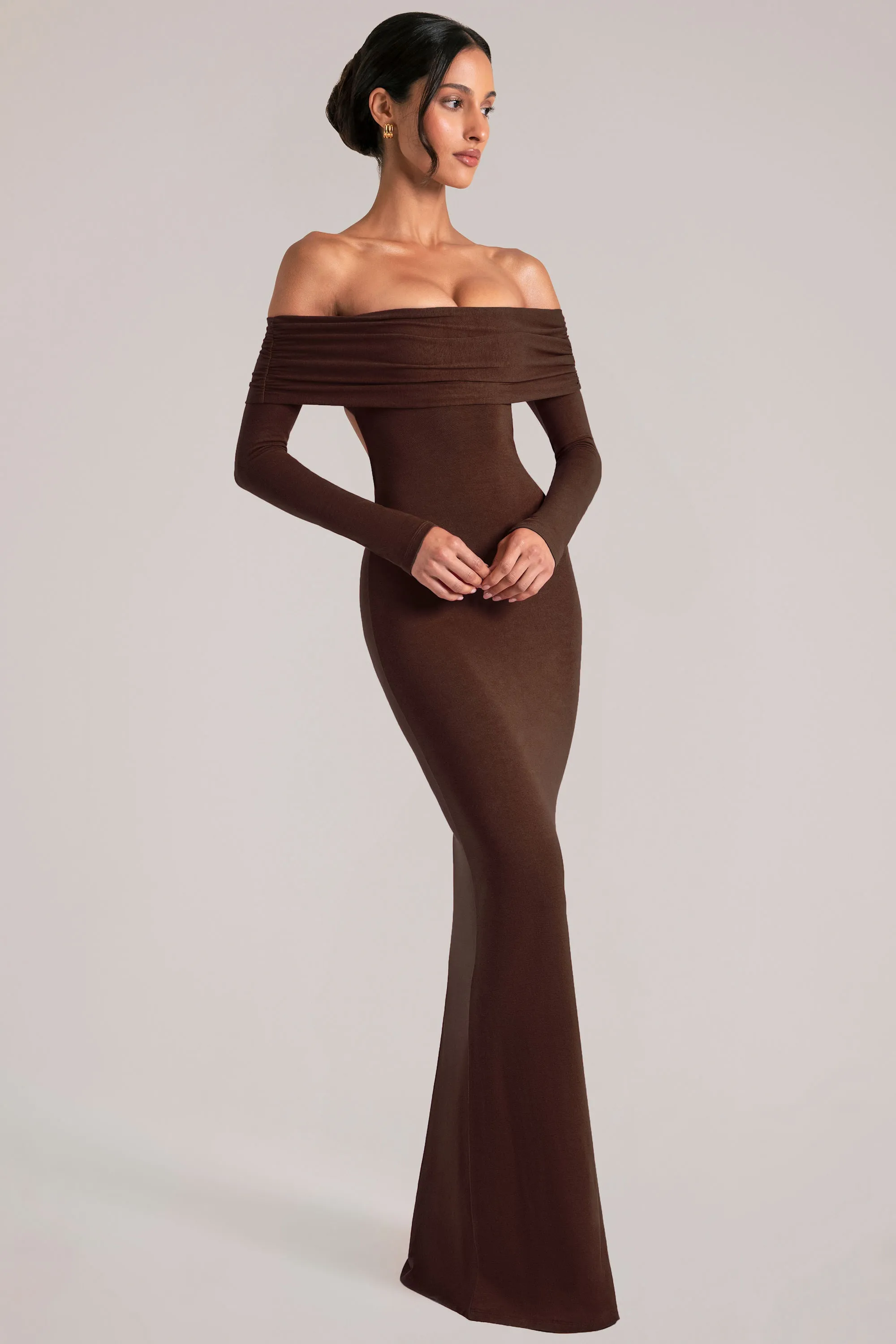 Off-Shoulder Long-Sleeve Maxi Dress in Chocolate Brown sold by Oh Polly