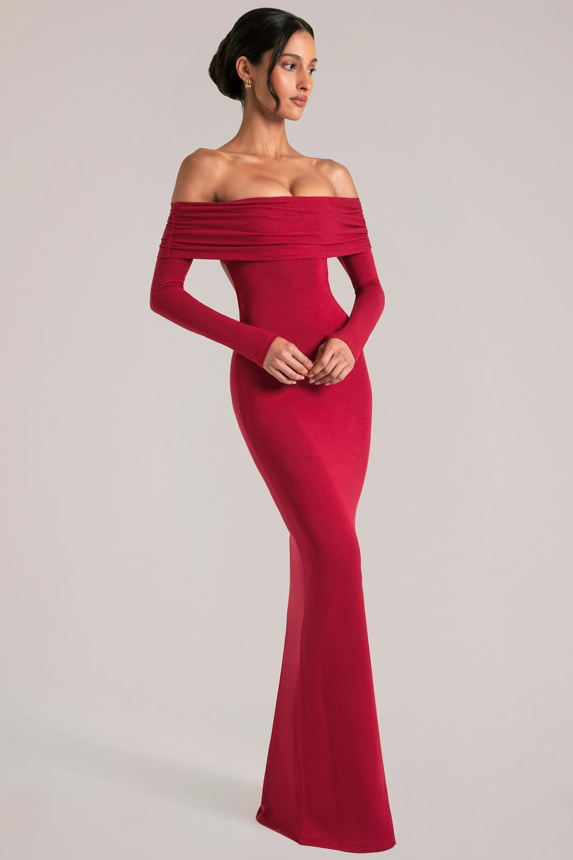 Off-Shoulder Long-Sleeve Maxi Dress in Cherry Red sold by Oh Polly