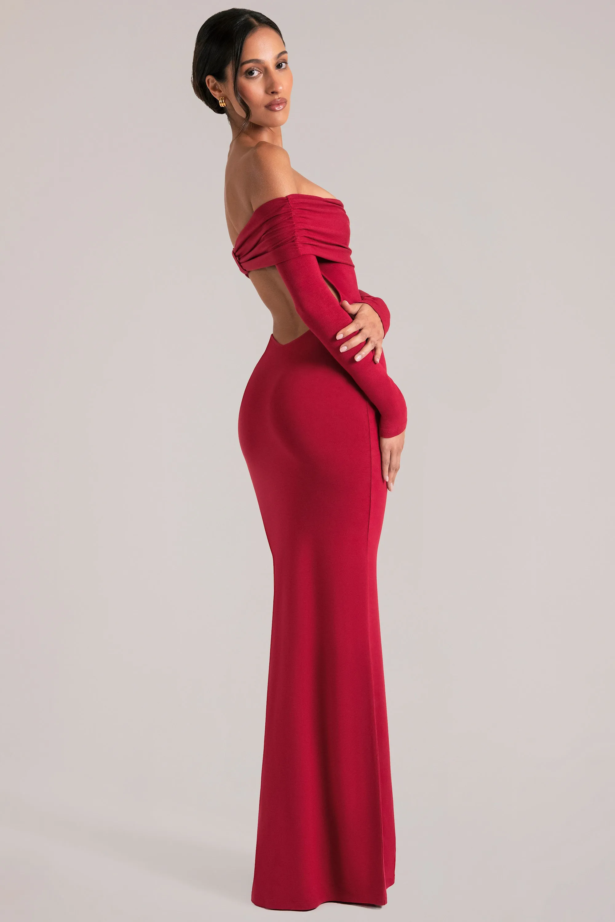 Off-Shoulder Long-Sleeve Maxi Dress in Cherry Red sold by Oh Polly product image thumbnail 3