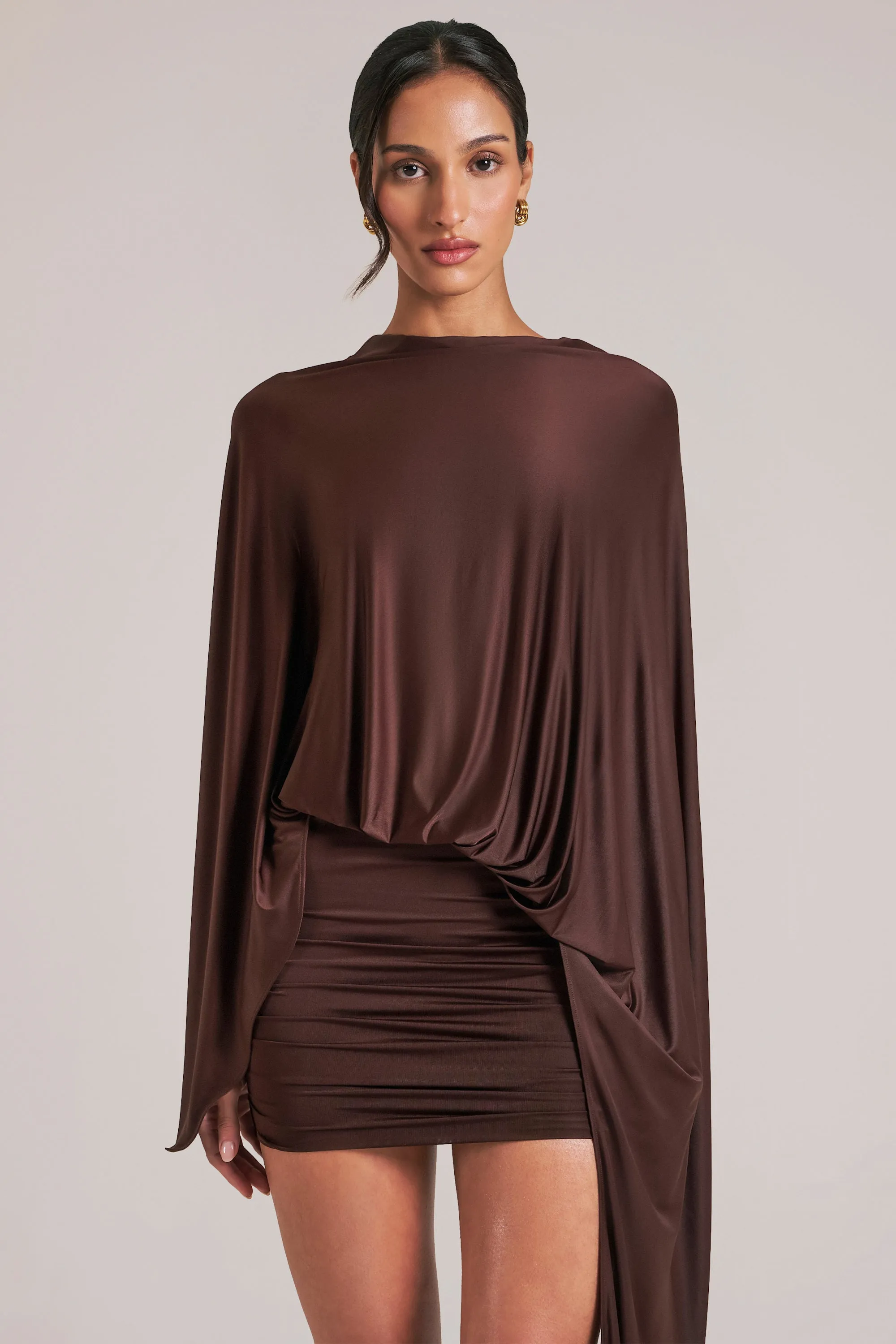 Draped Cape Mini Dress in Chocolate Brown sold by Oh Polly product image thumbnail 4