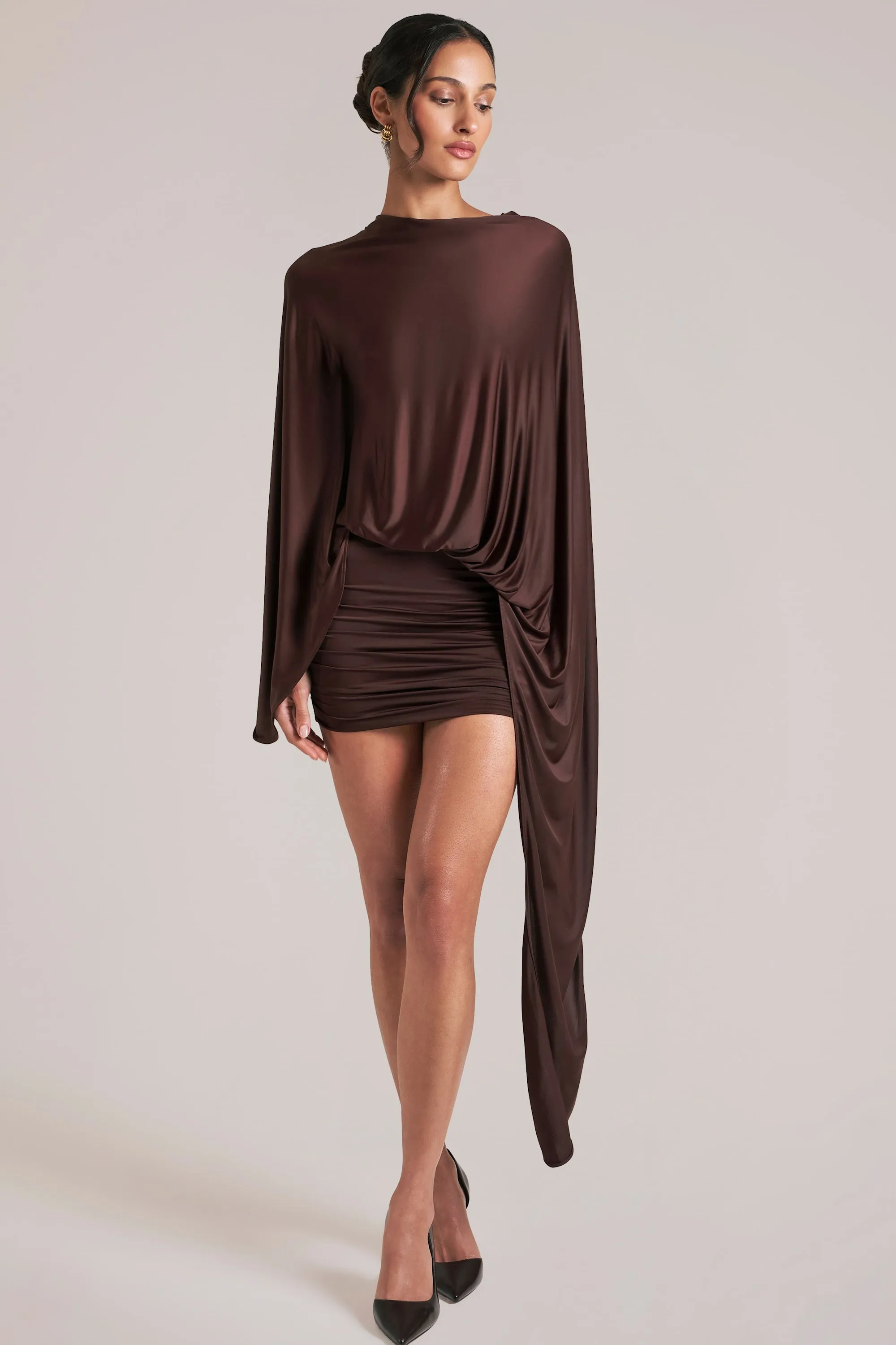 Draped Cape Mini Dress in Chocolate Brown sold by Oh Polly product image thumbnail 2