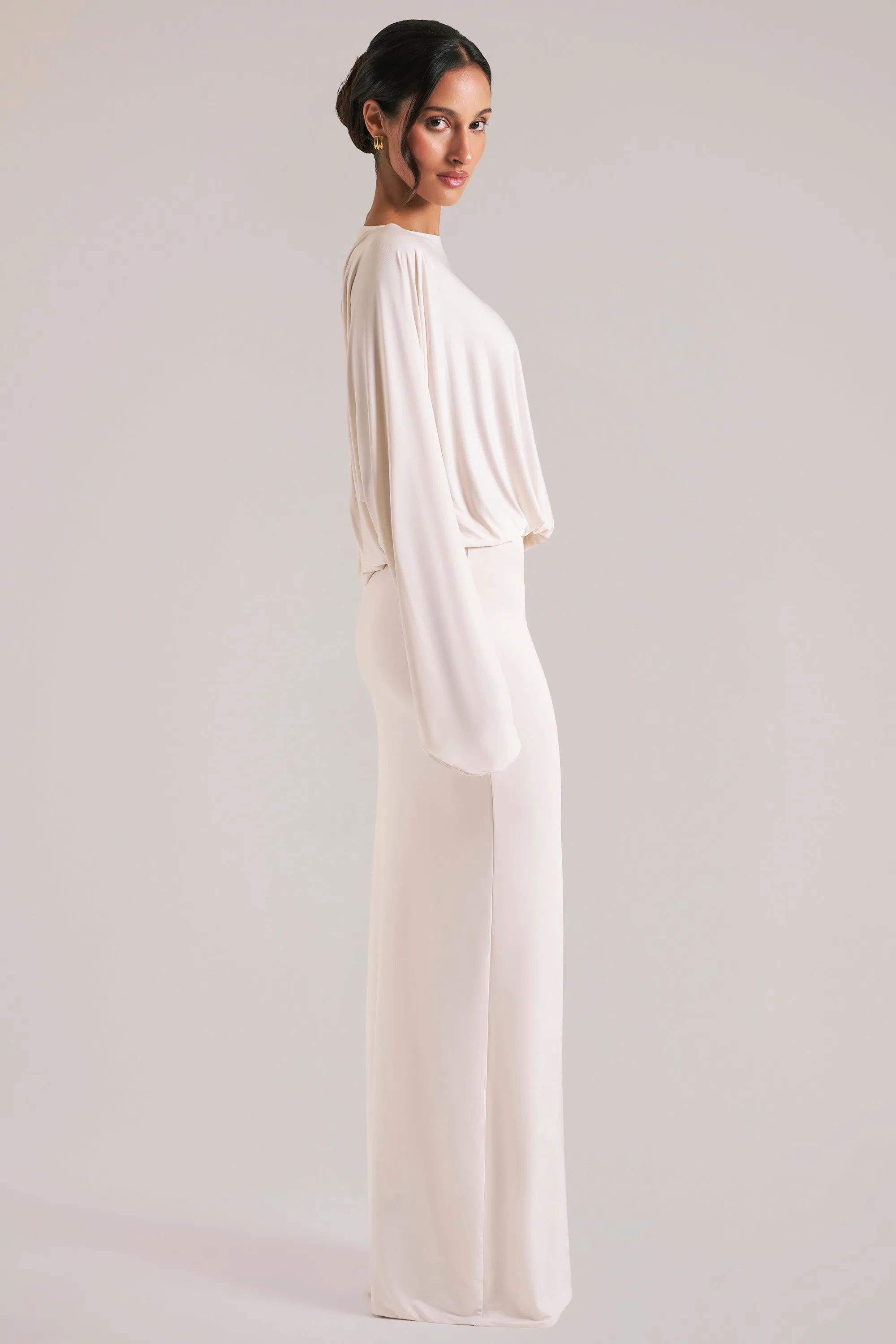 Long-Sleeve Draped Maxi Dress in Ivory sold by Oh Polly product image thumbnail 4