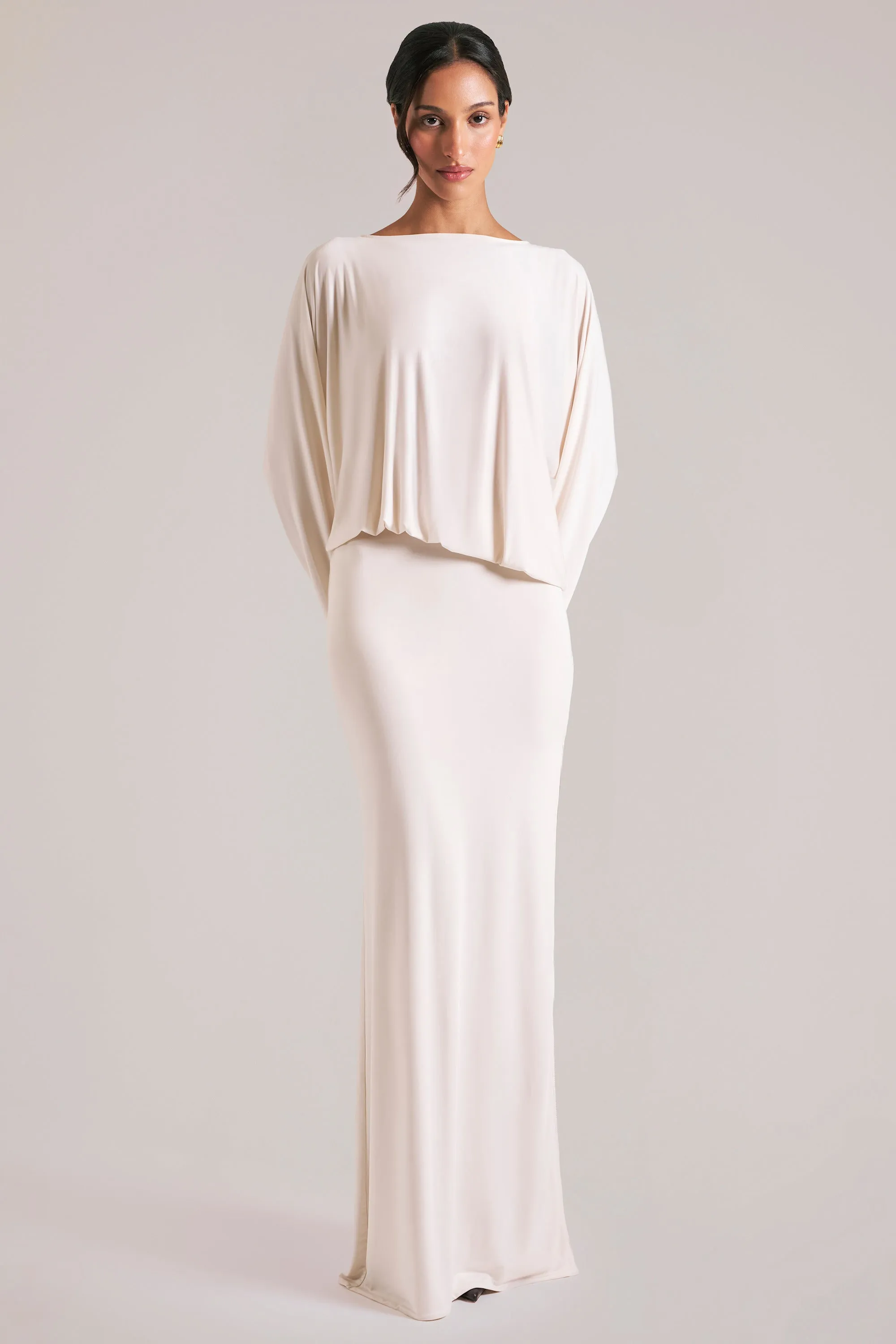 Long-Sleeve Draped Maxi Dress in Ivory sold by Oh Polly product image thumbnail 2