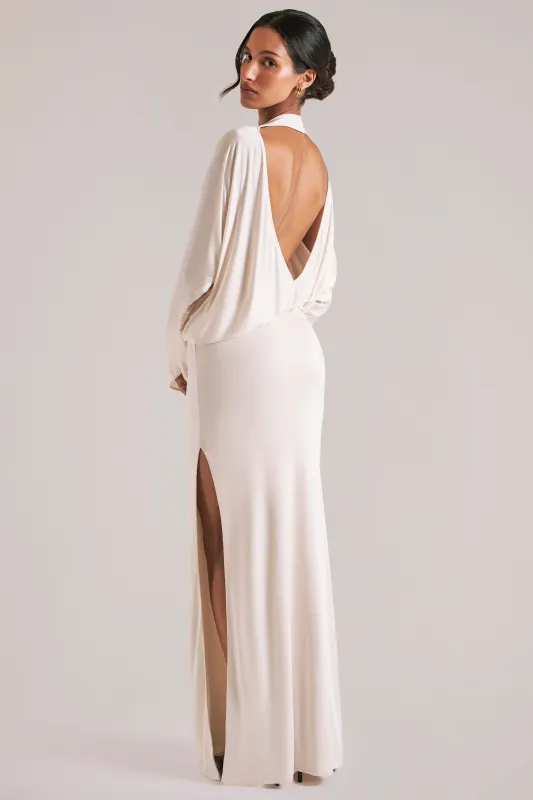Long-Sleeve Draped Maxi Dress in Ivory sold by Oh Polly