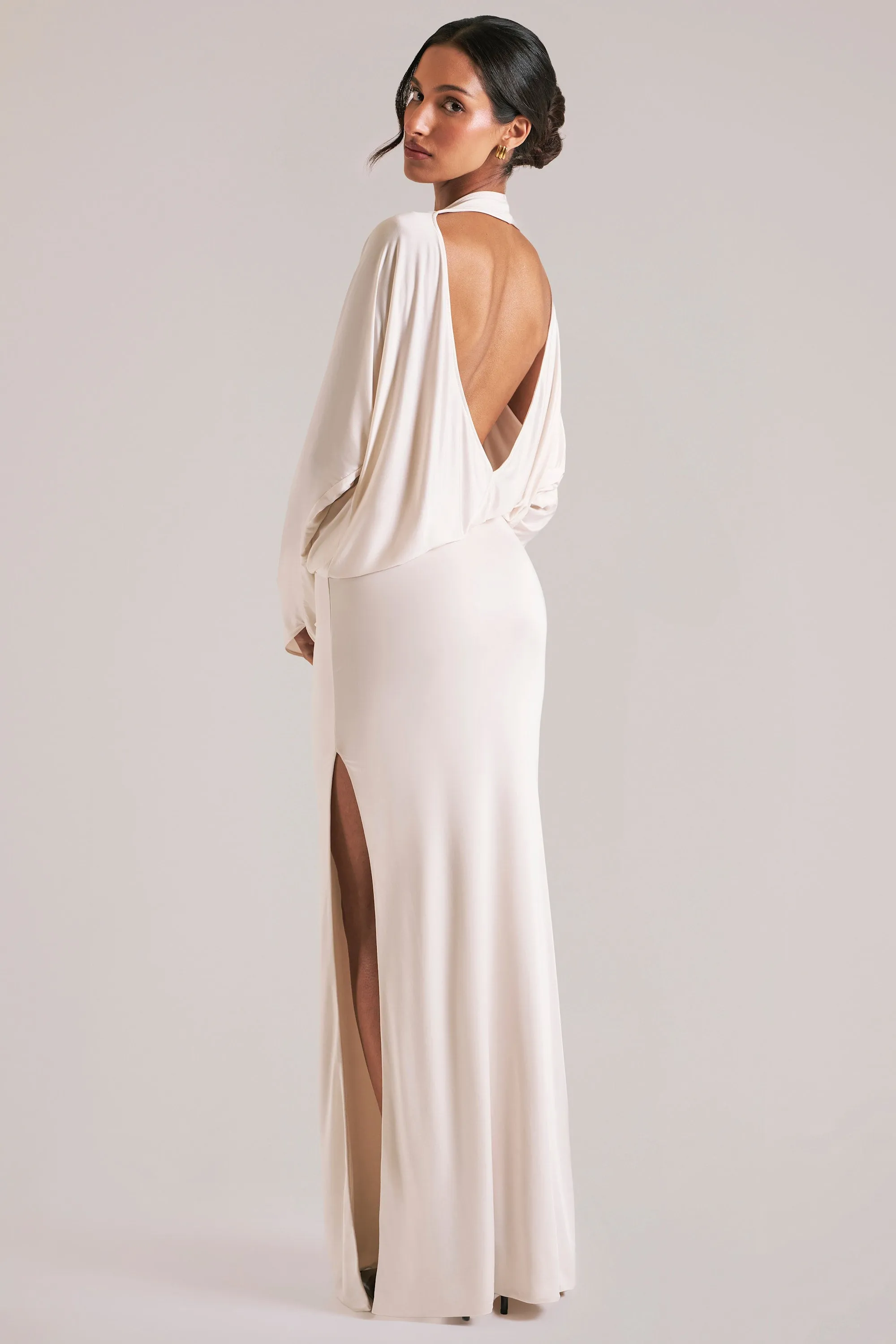 Long-Sleeve Draped Maxi Dress in Ivory sold by Oh Polly