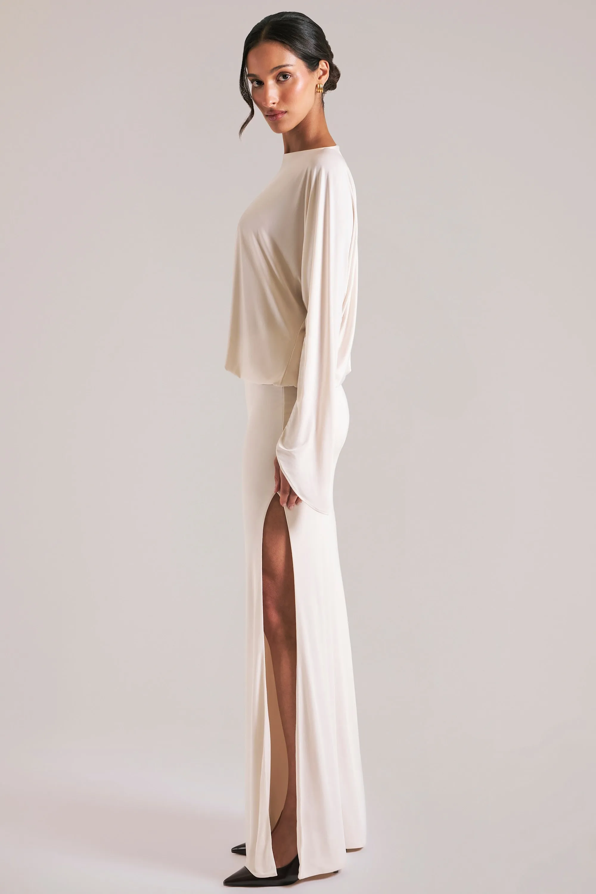 Long-Sleeve Draped Maxi Dress in Ivory sold by Oh Polly product image thumbnail 3