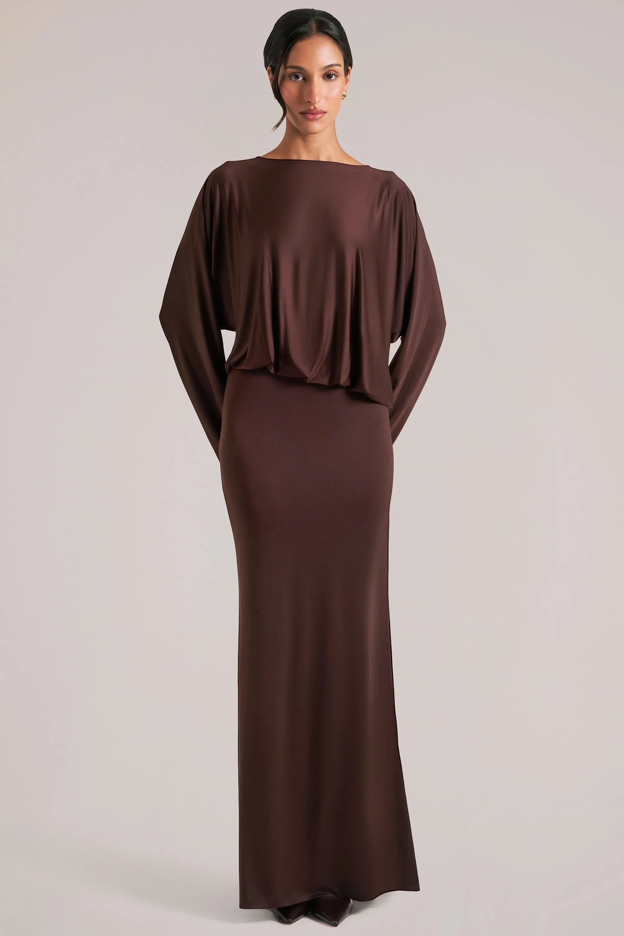 Long-Sleeve Draped Maxi Dress in Chocolate Brown sold by Oh Polly product image thumbnail 2
