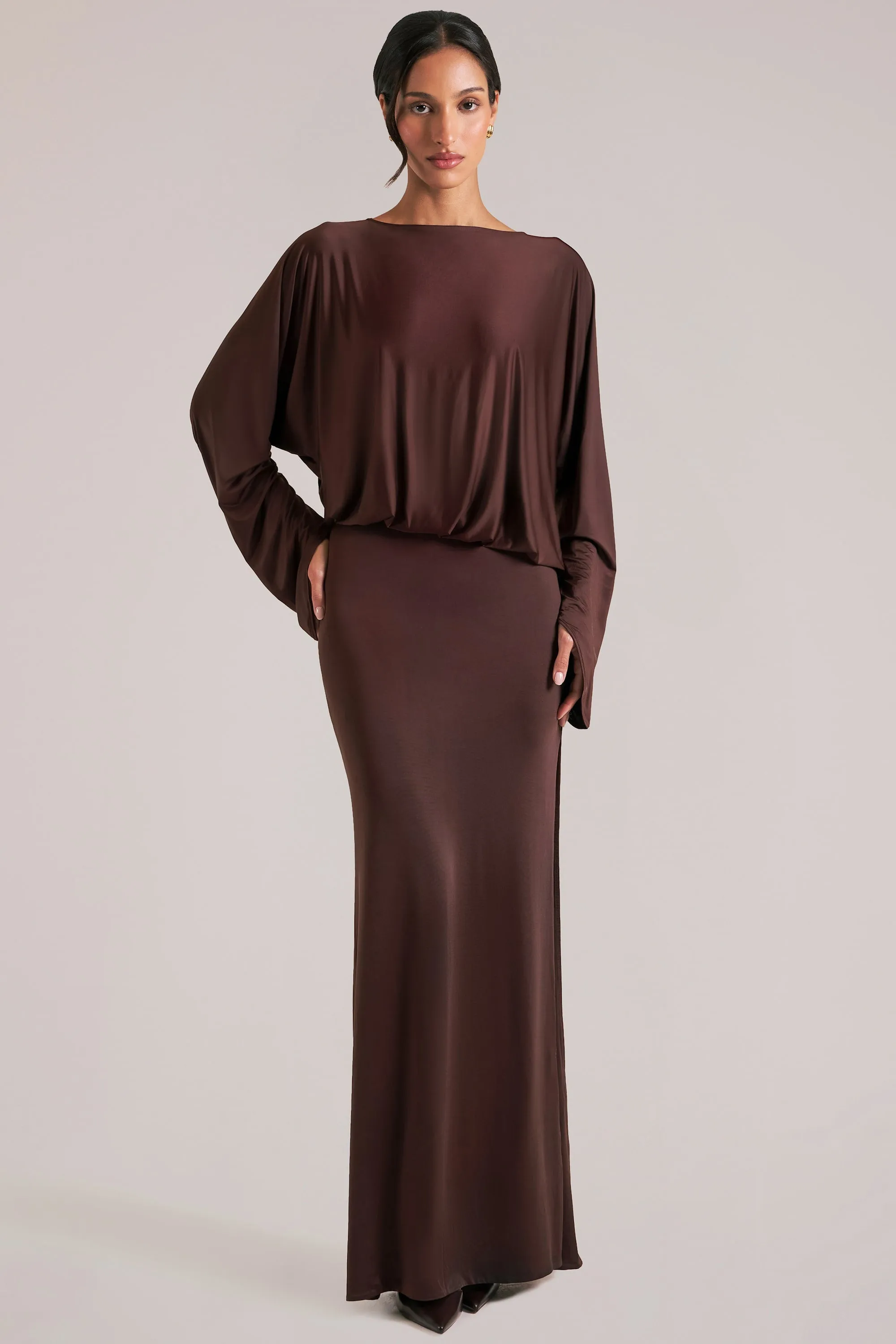 Long-Sleeve Draped Maxi Dress in Chocolate Brown sold by Oh Polly product image thumbnail 5