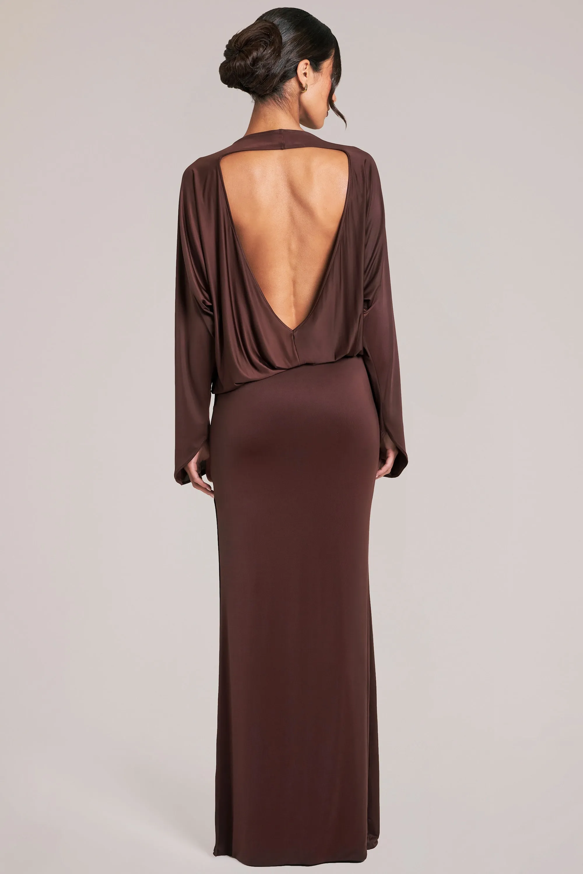 Long-Sleeve Draped Maxi Dress in Chocolate Brown sold by Oh Polly product image thumbnail 4
