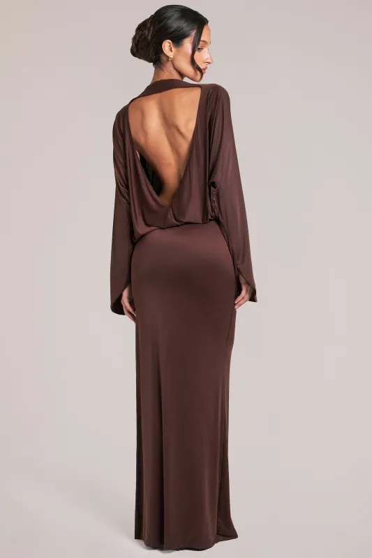 Long-Sleeve Draped Maxi Dress in Chocolate Brown sold by Oh Polly