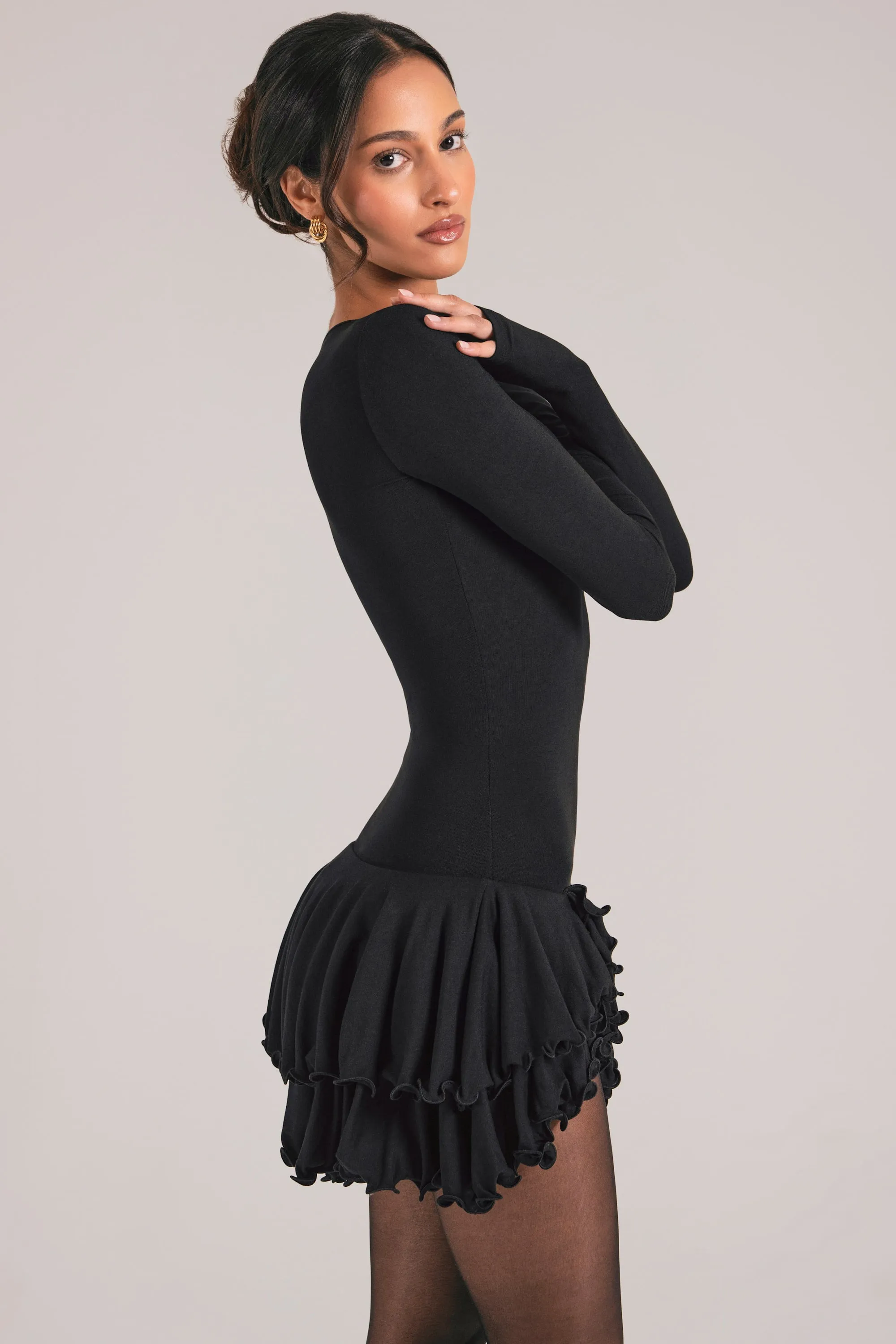 V-Neck Ruffle Skirt Mini Dress in Black sold by Oh Polly product image thumbnail 3
