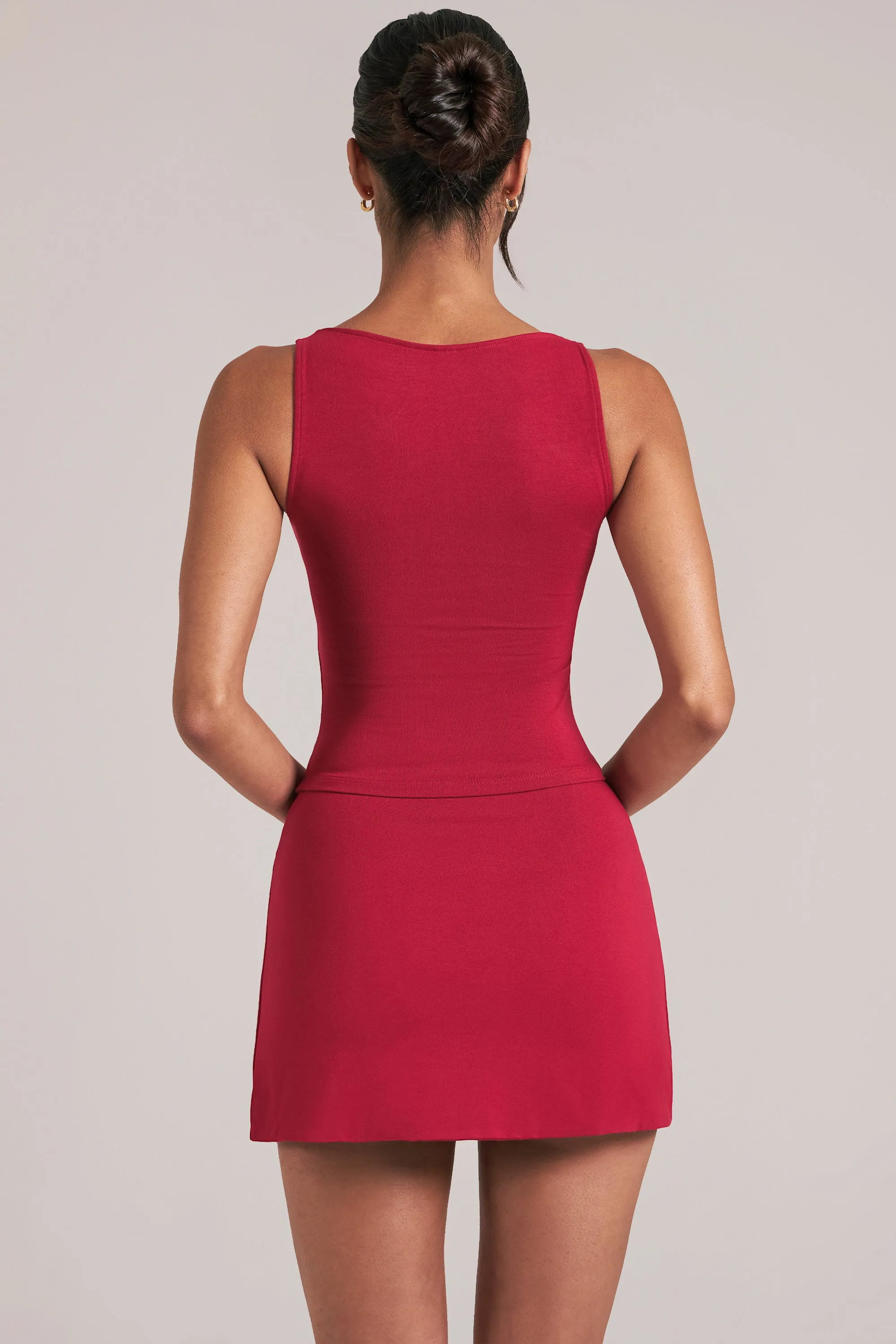 Mid-Rise Bodycon Ultra Mini Skirt with Split in Cherry Red sold by Oh Polly product image thumbnail 2