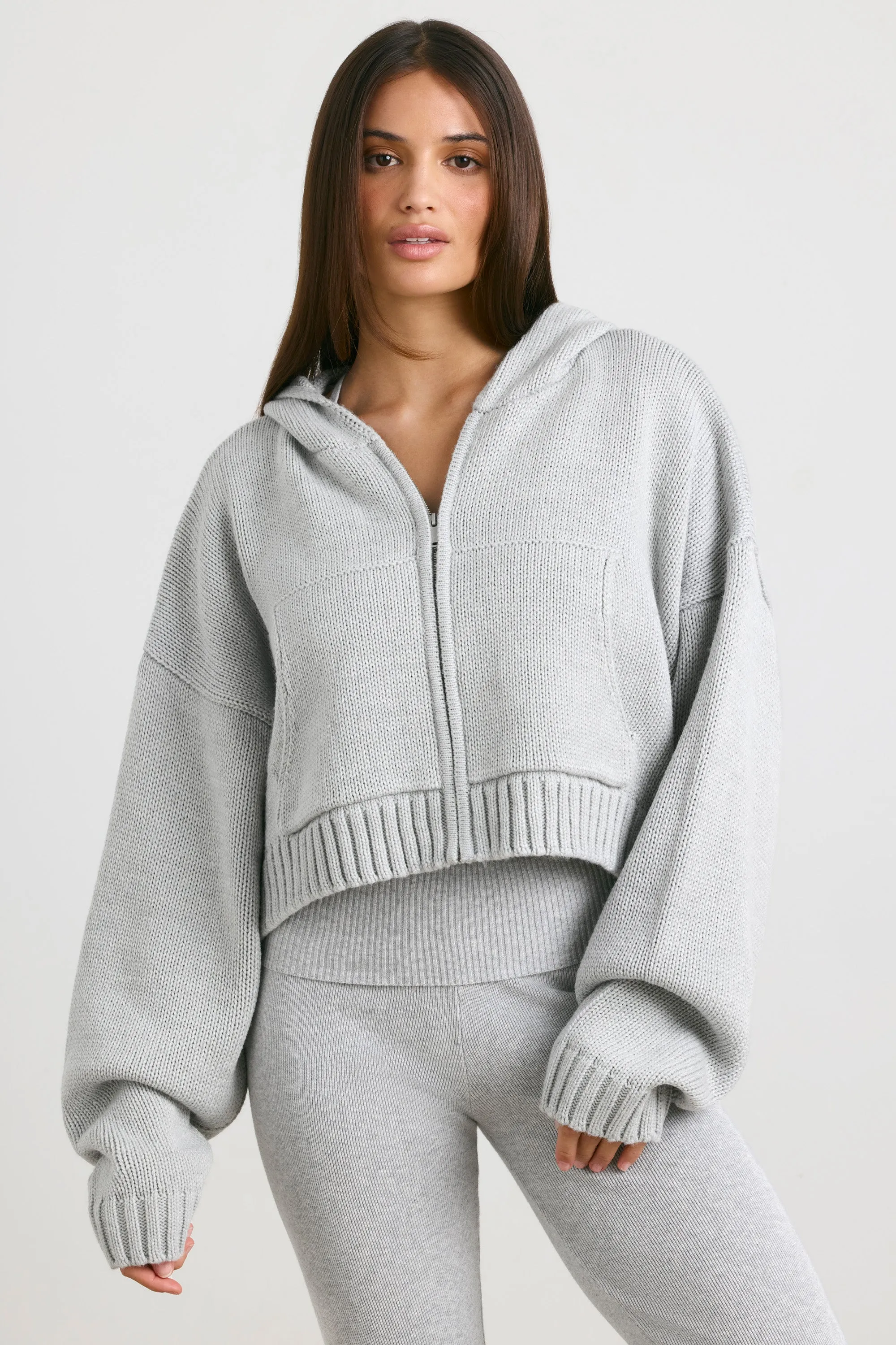 Cropped Zip Up Chunky Knit Hoodie in Heather Grey sold by Oh Polly