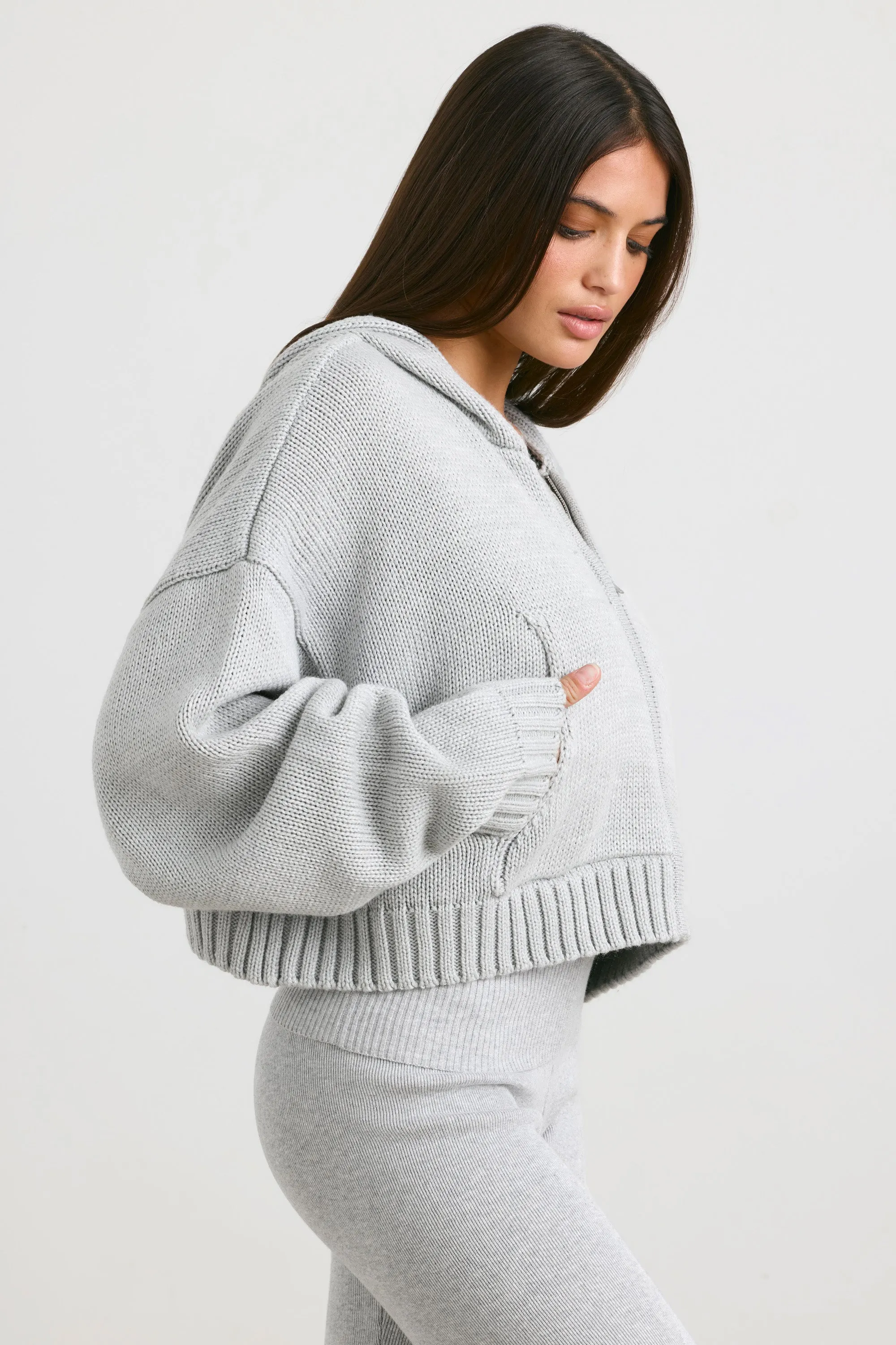 Cropped Zip Up Chunky Knit Hoodie in Heather Grey sold by Oh Polly product image thumbnail 3