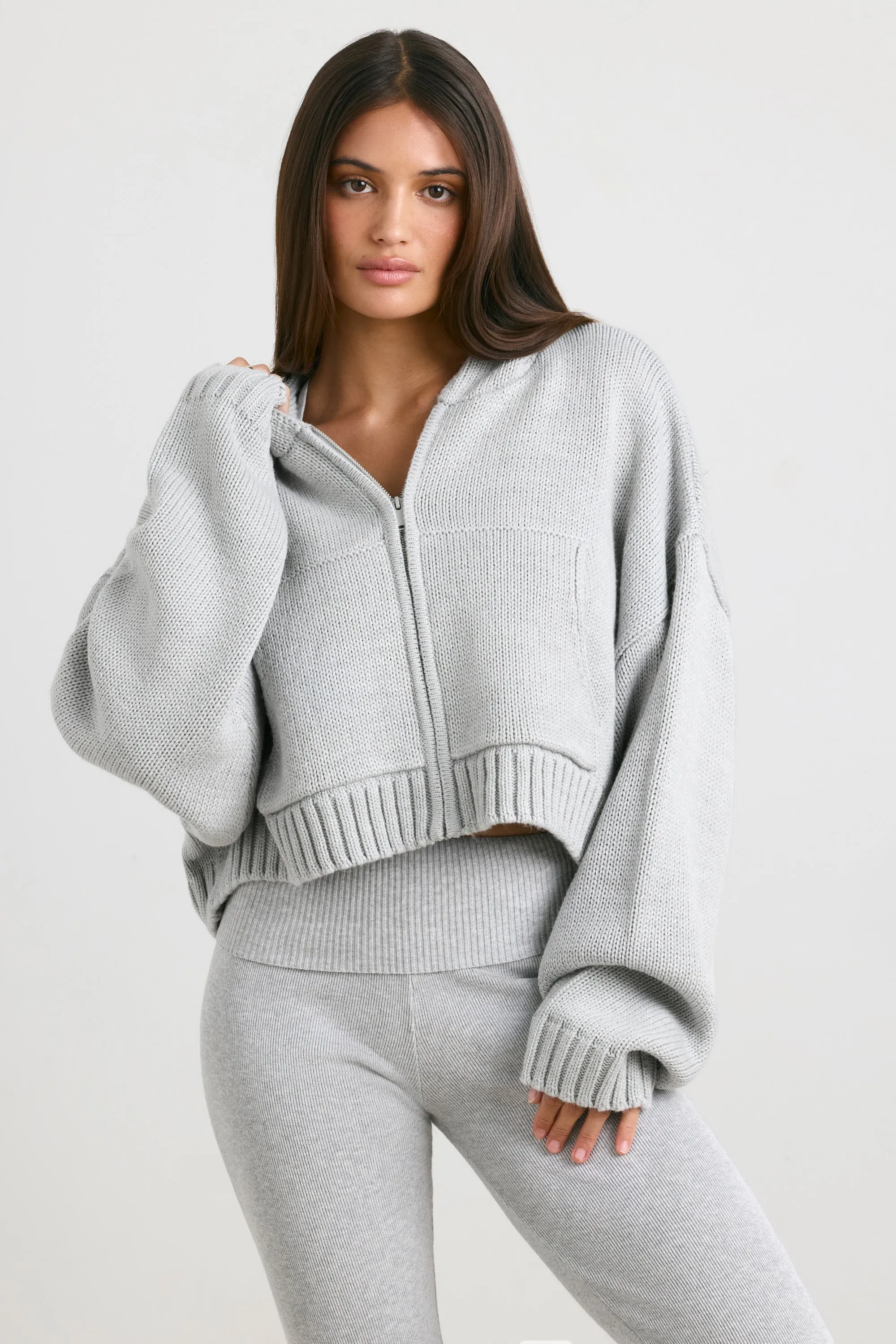 Cropped Zip Up Chunky Knit Hoodie in Heather Grey sold by Oh Polly product image thumbnail 5