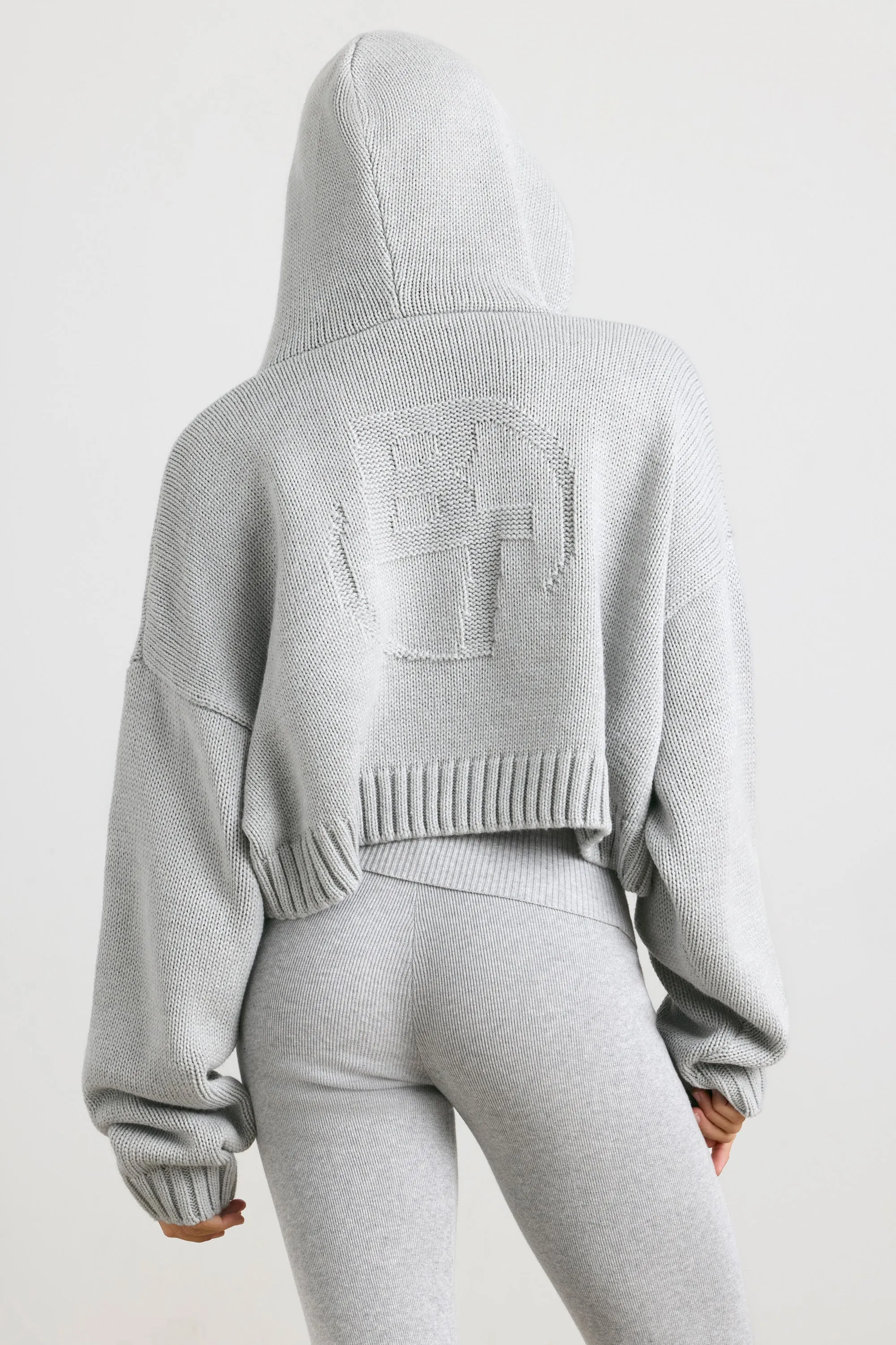 Cropped Zip Up Chunky Knit Hoodie in Heather Grey sold by Oh Polly product image thumbnail 2