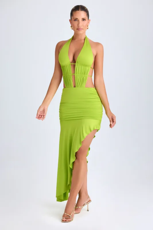 Asymmetric Cut-Out Halterneck Midaxi Dress in Lime Green sold by Oh Polly