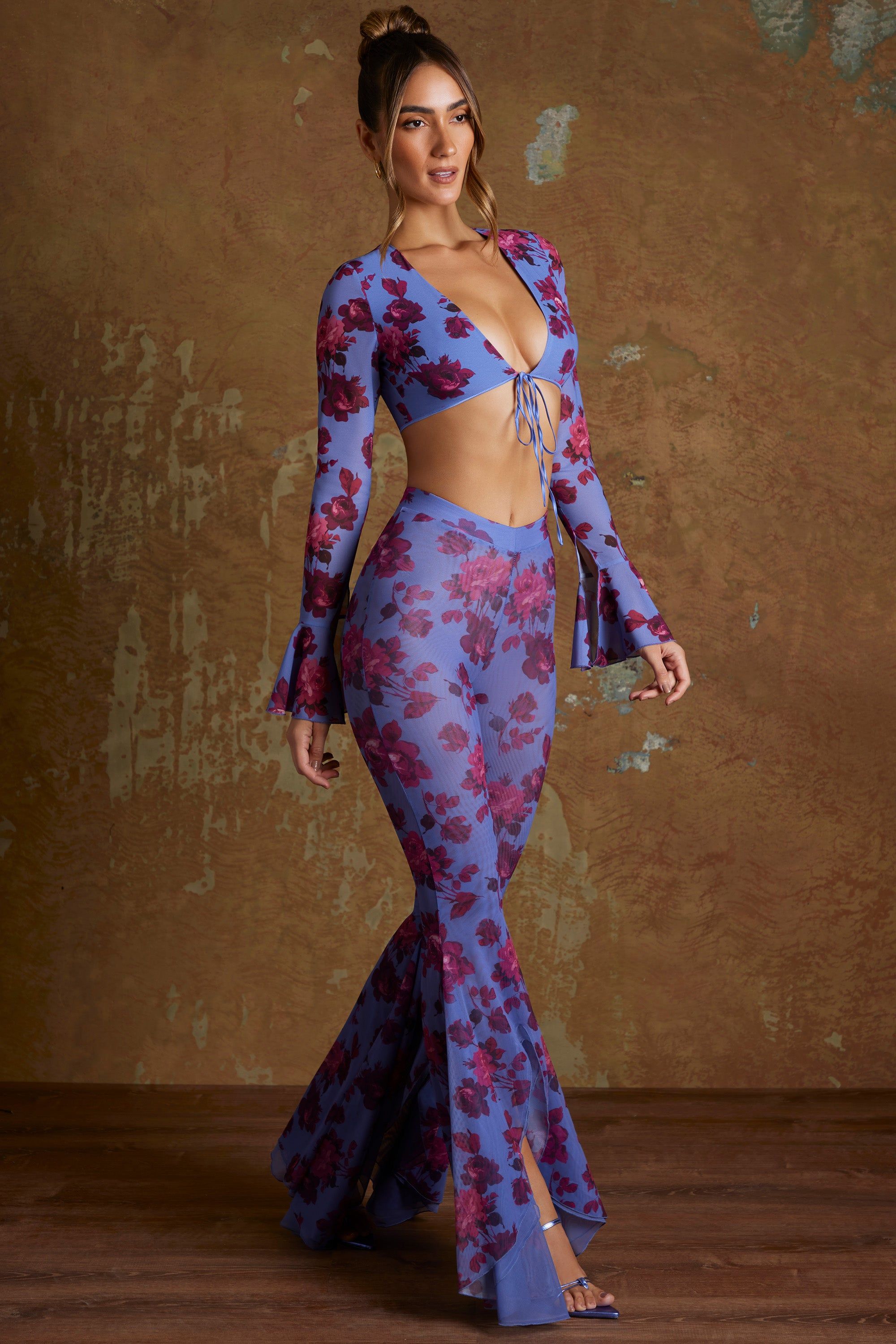 Petite Split Flare Ruffle Trousers in Periwinkle Print sold by Oh Polly product image thumbnail 3