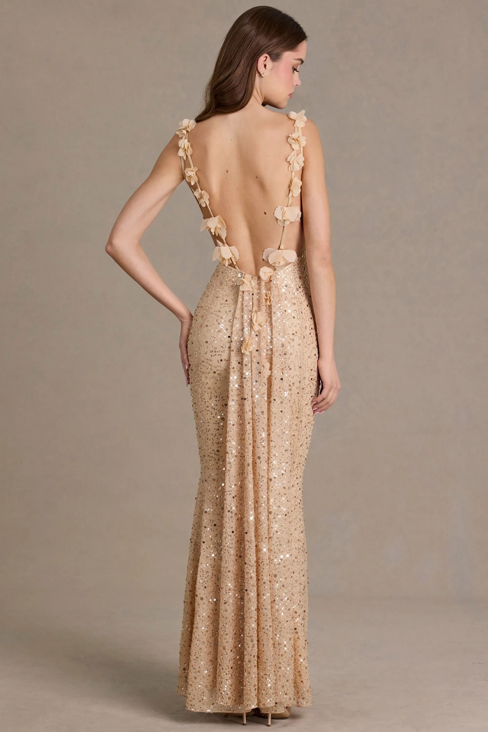 Premium Embellished Open-Back Maxi Dress in Almond sold by Oh Polly product image thumbnail 5