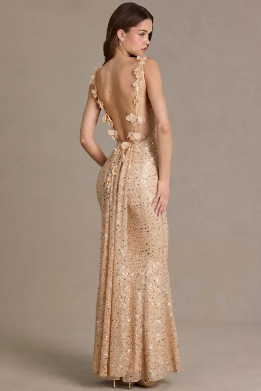 Premium Embellished Open-Back Maxi Dress in Almond sold by Oh Polly