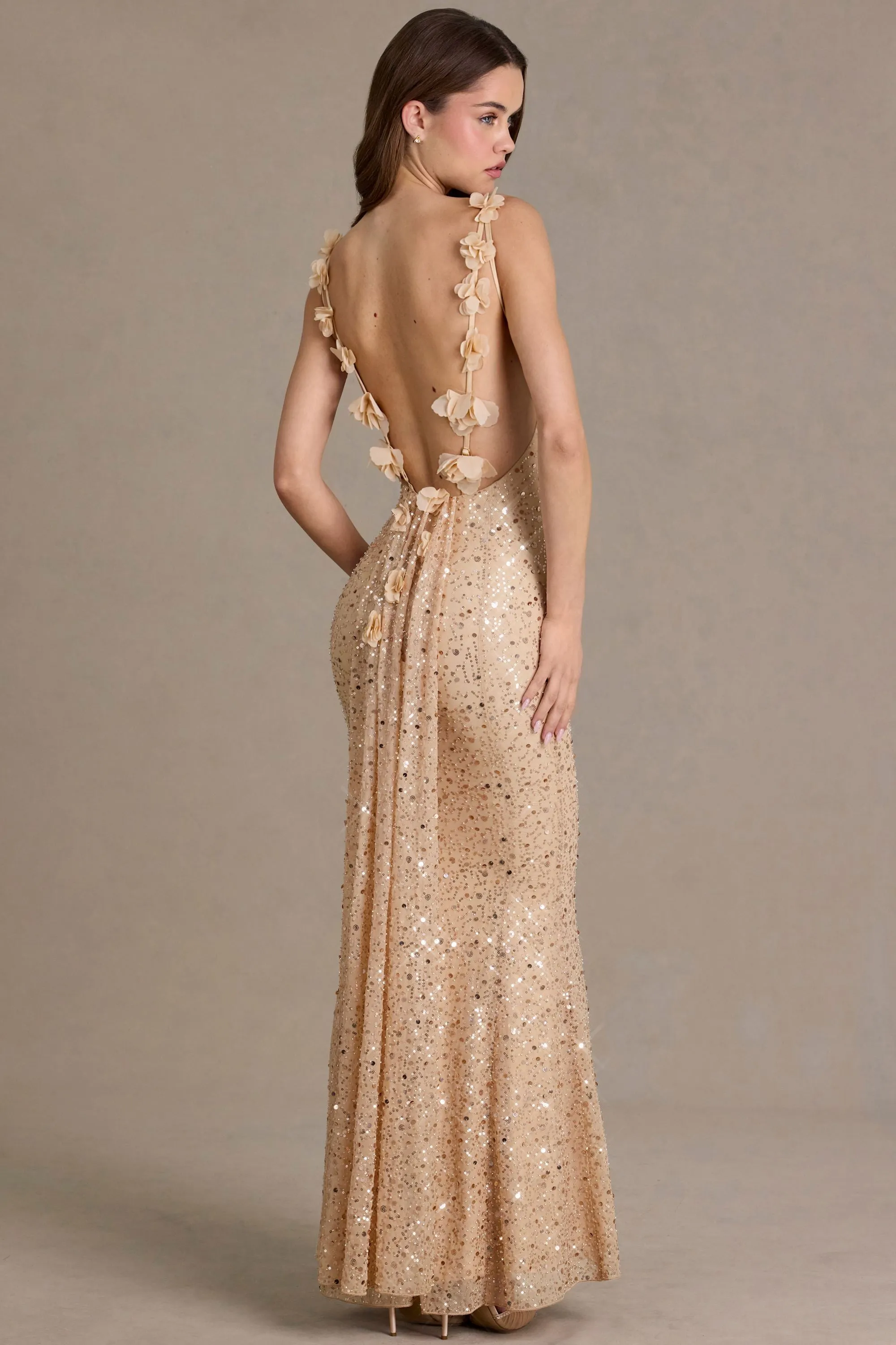 Premium Embellished Open-Back Maxi Dress in Almond sold by Oh Polly