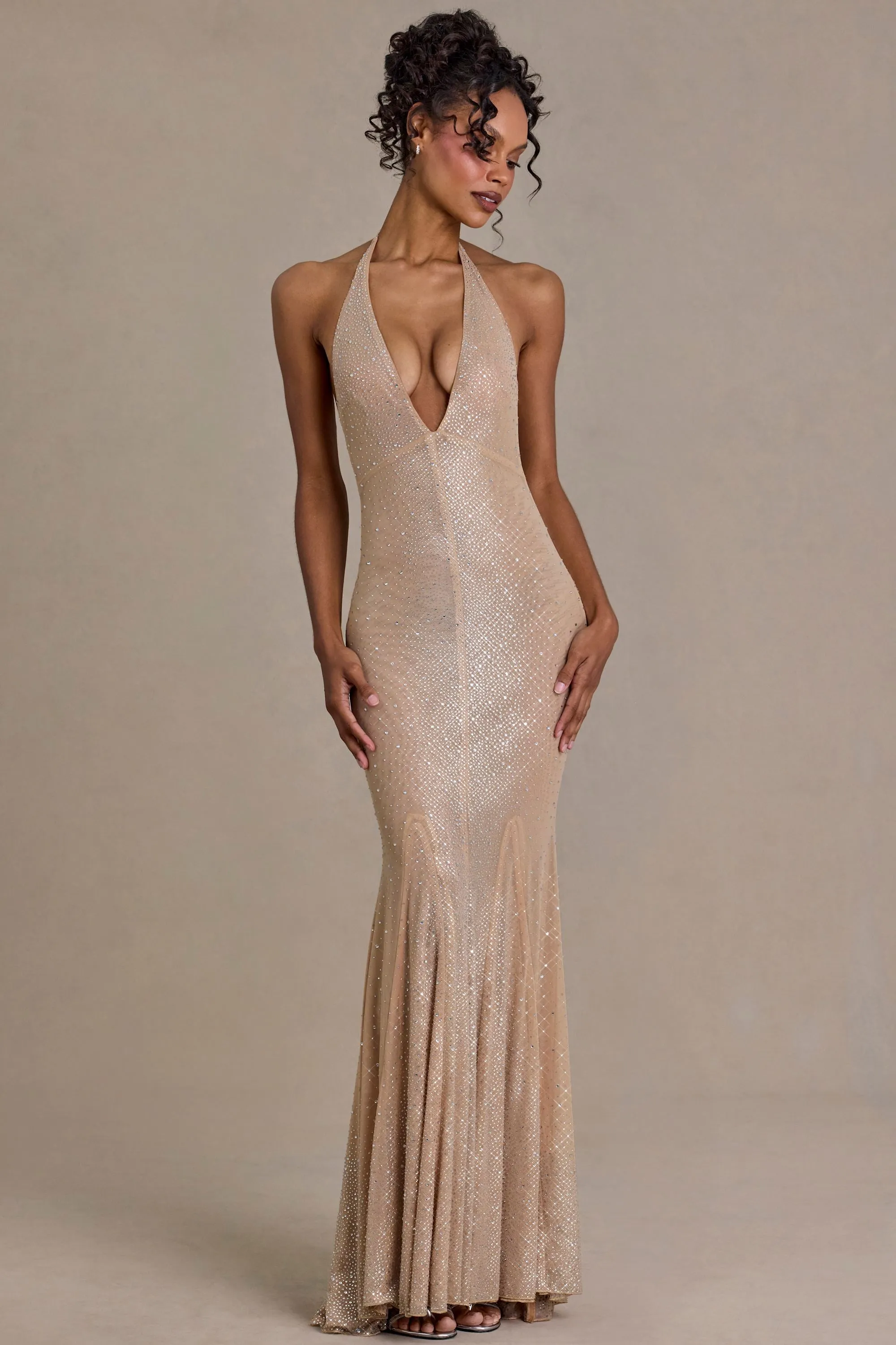 Premium Embellished Plunge-Neck Open-Back Gown in Beige Gold sold by Oh Polly product image thumbnail 5