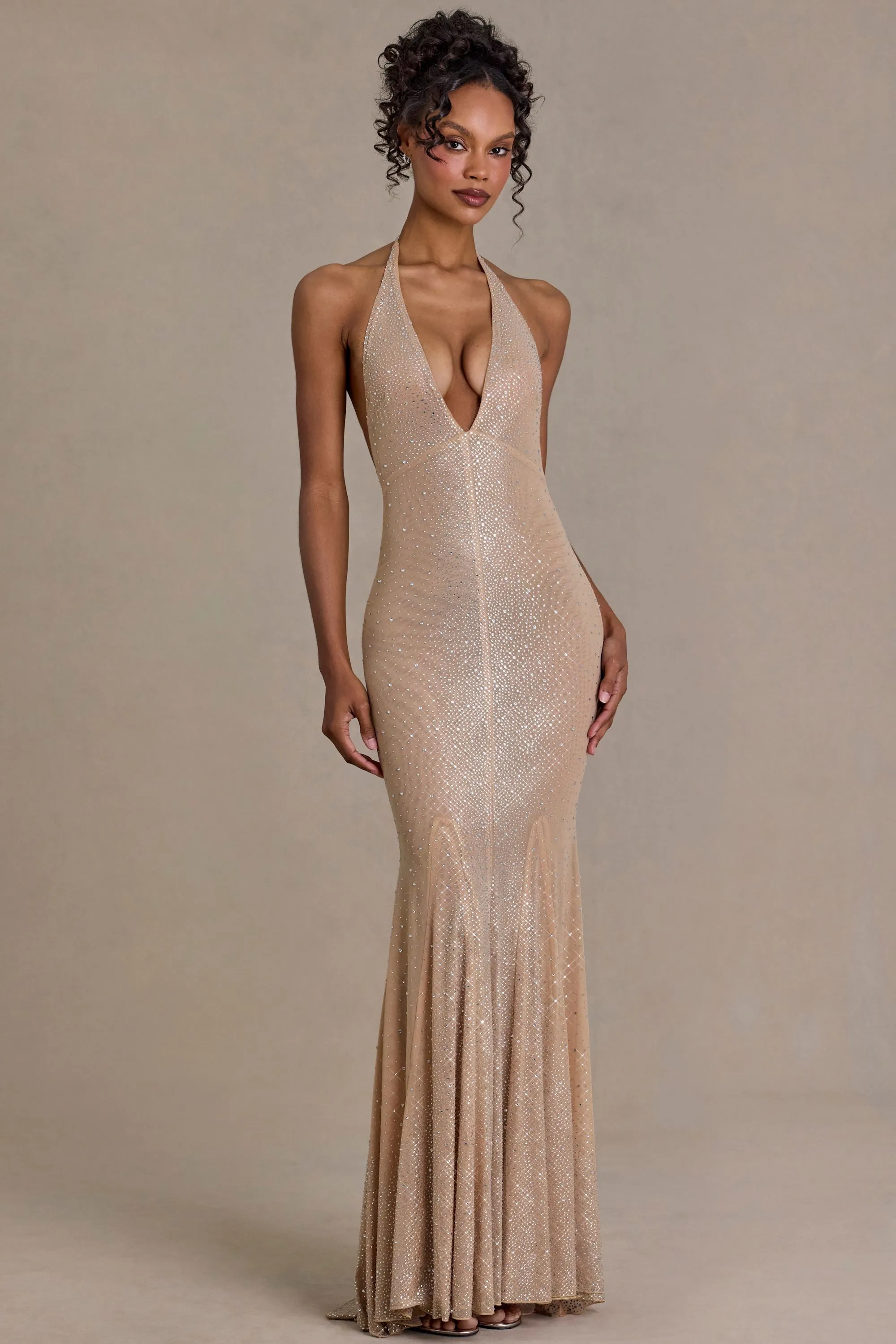 Premium Embellished Plunge-Neck Open-Back Gown in Beige Gold sold by Oh Polly