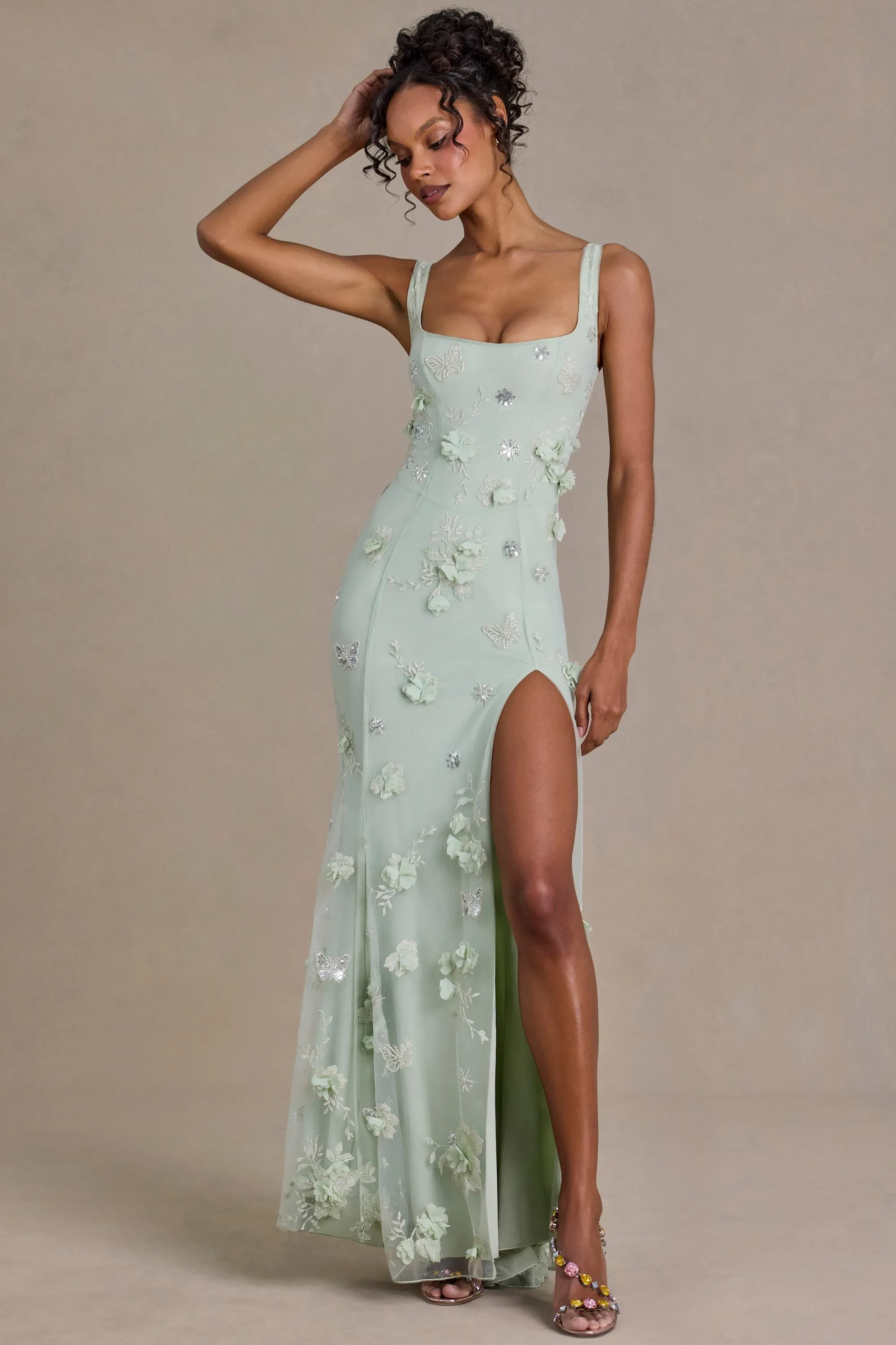 Premium Embellished Corset Gown in Sage Green sold by Oh Polly