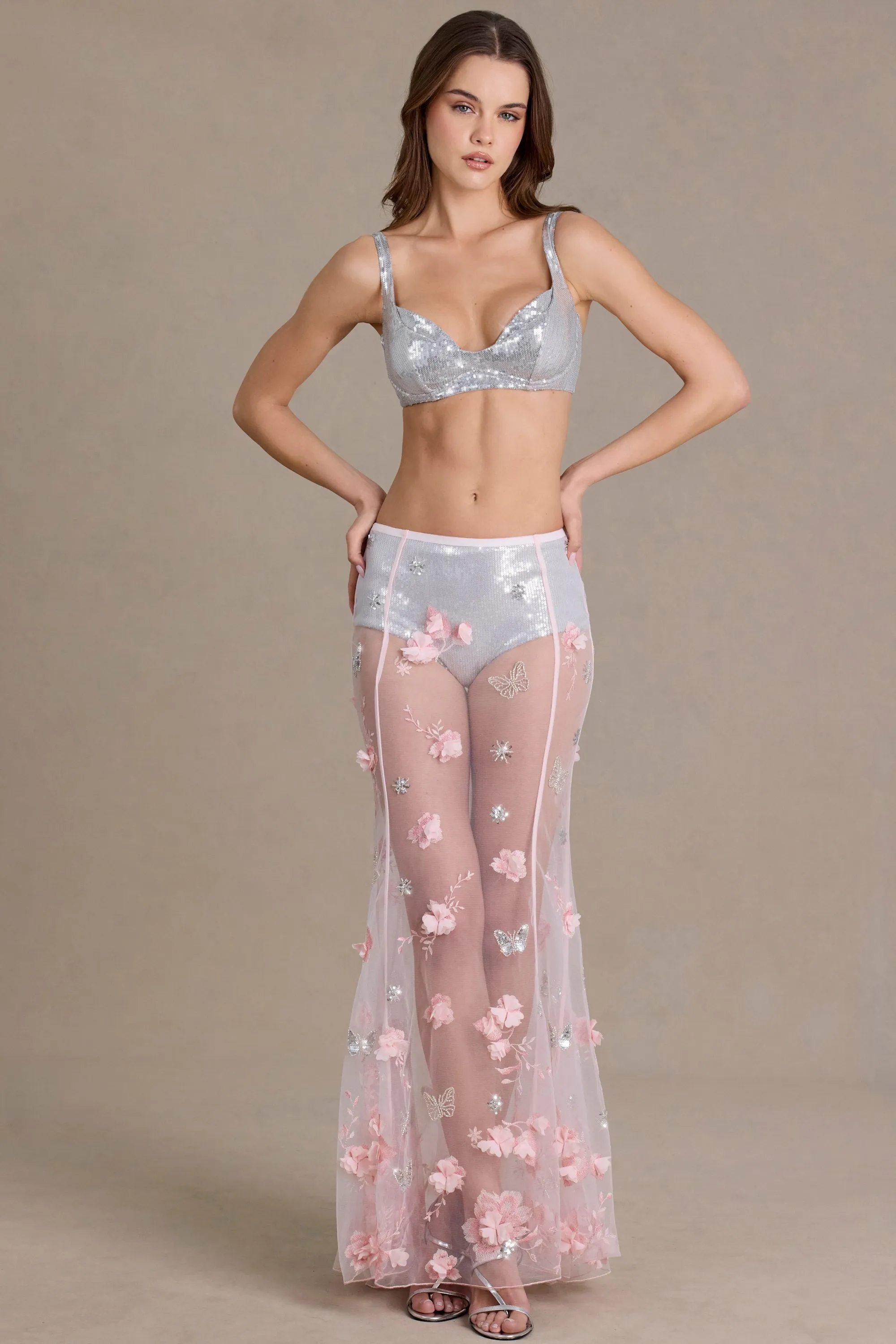 Premium Sequin Mesh Mid-Rise Mini Shorts in Silver sold by Oh Polly product image thumbnail 5