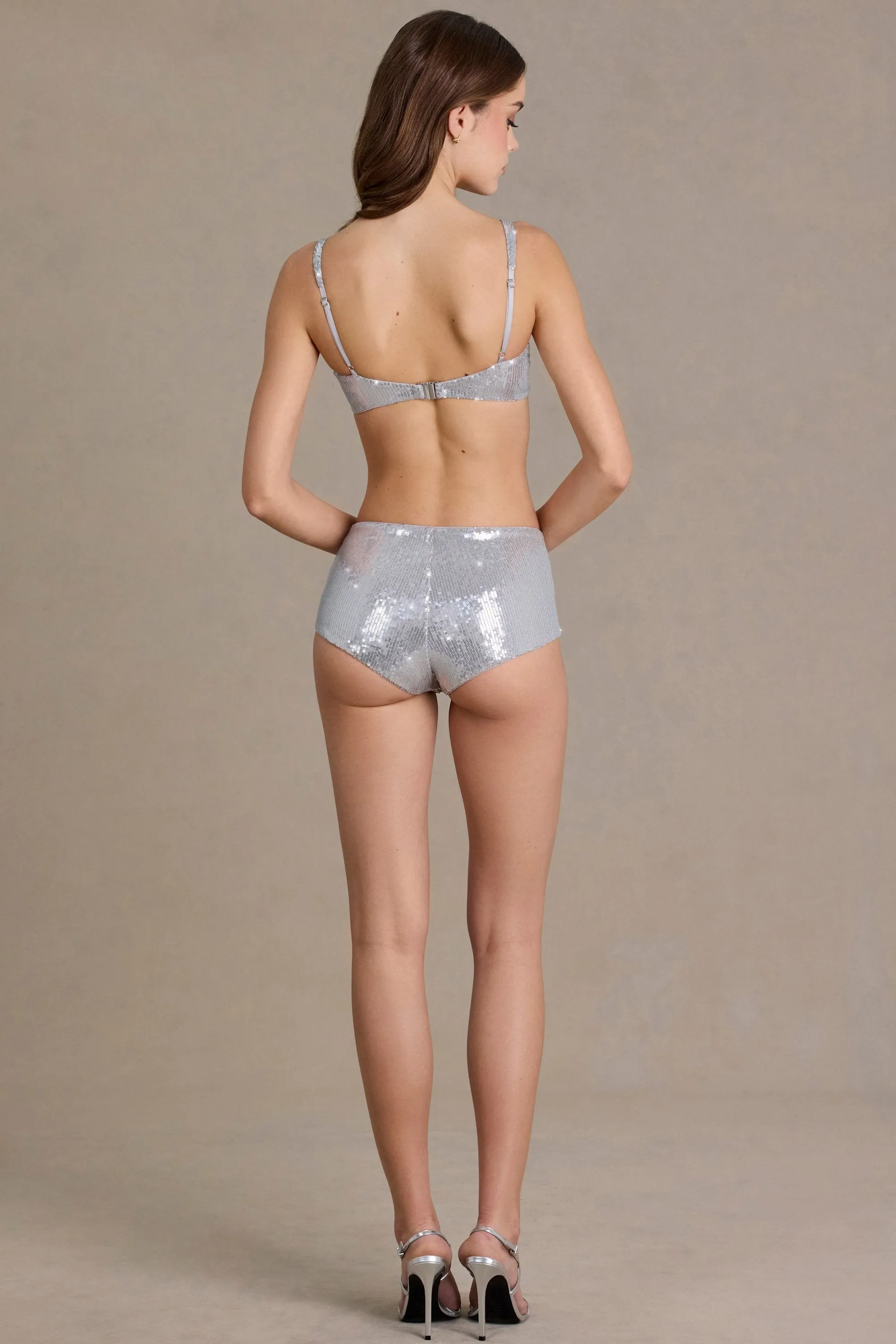 Premium Sequin Mesh Mid-Rise Mini Shorts in Silver sold by Oh Polly product image thumbnail 3