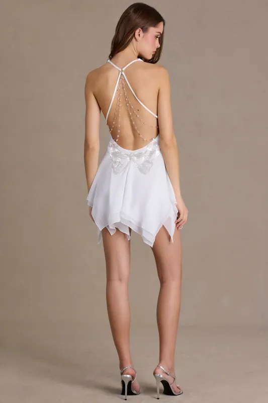 Premium Chiffon Plunge-Neck Open-Back Mini Dress in White sold by Oh Polly