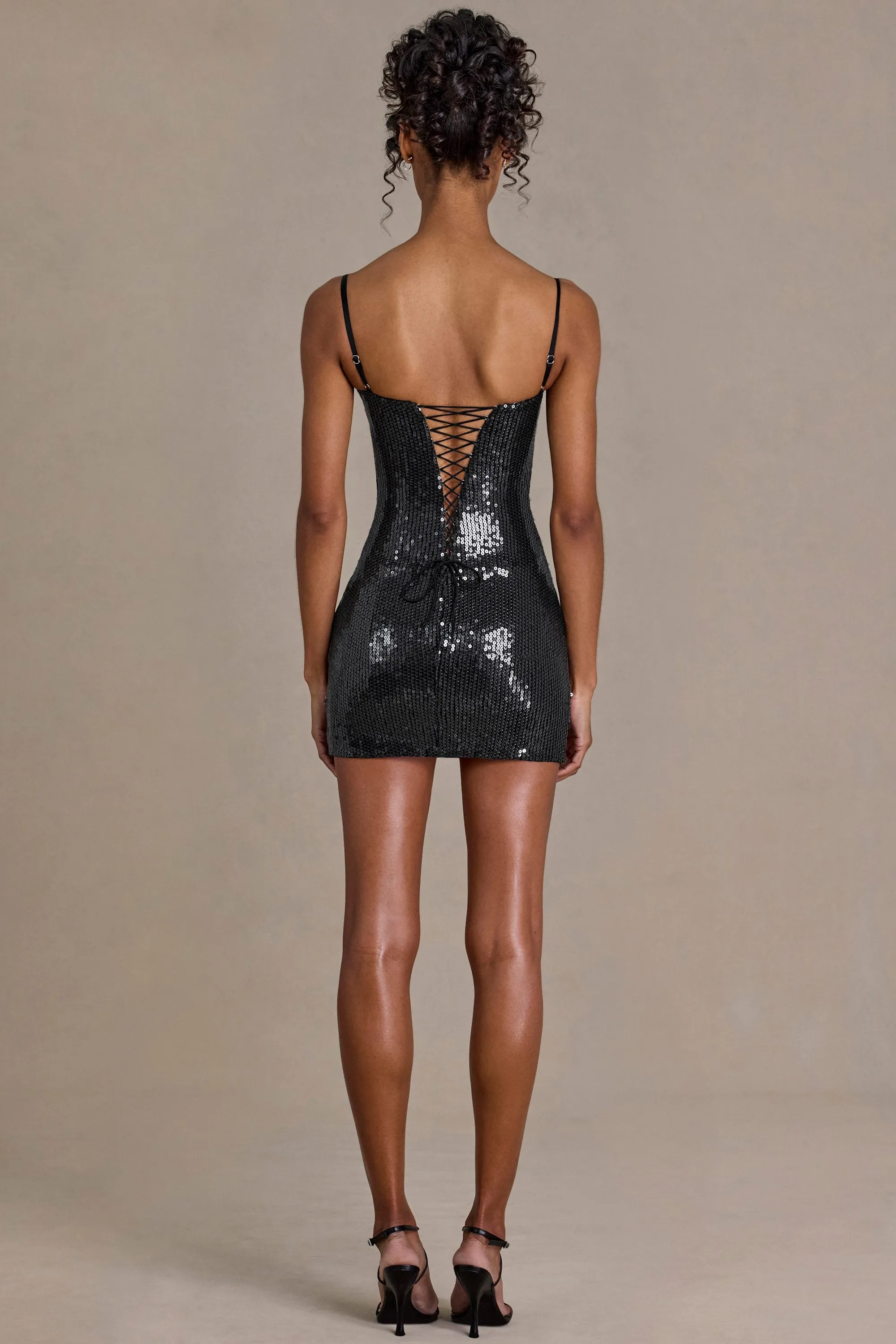 Sequin Lace Corset Mini Dress in Black sold by Oh Polly product image thumbnail 3