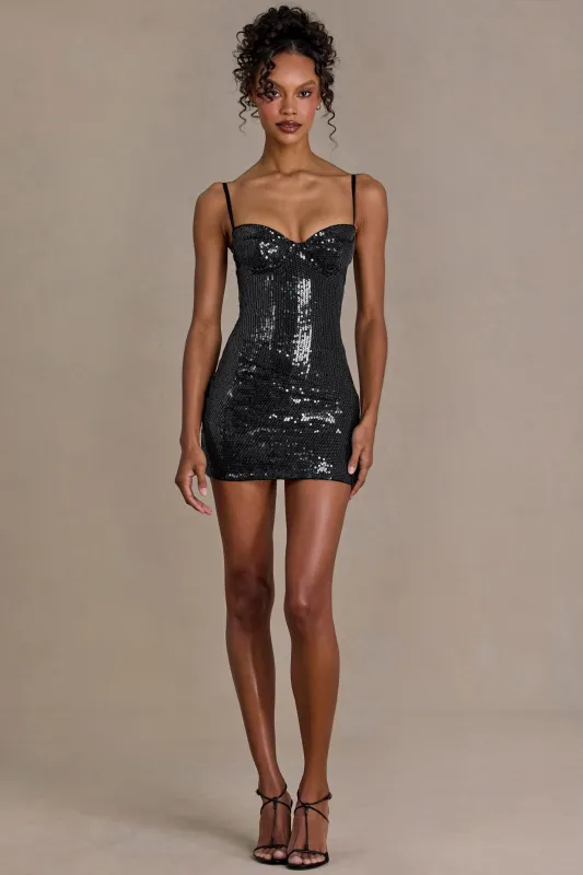 Premium Sequin Lace Corset Mini Dress in Black sold by Oh Polly