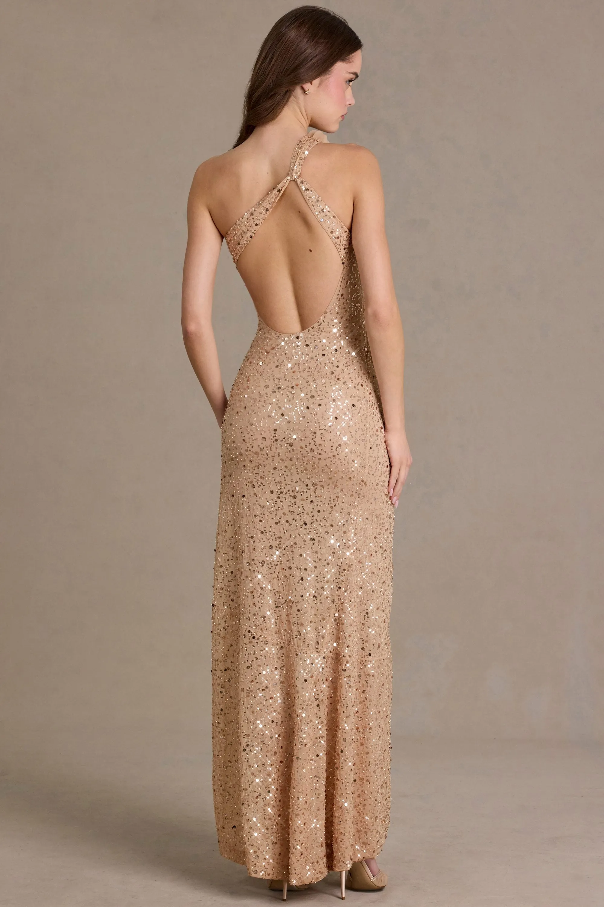 Premium Embellished Asymmetric One-Shoulder Maxi Dress in Beige Gold sold by Oh Polly product image thumbnail 5
