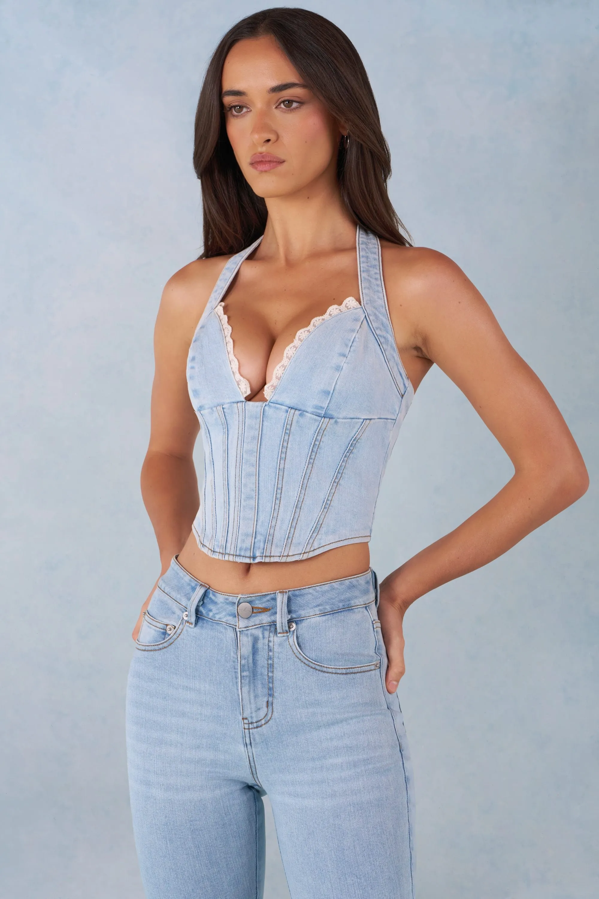 Halterneck Denim Corset Style Top in Light Denim sold by Oh Polly product image thumbnail 5