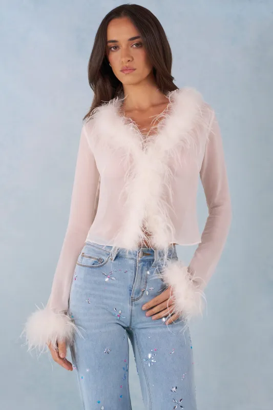Faux Fur-Trim Sheer Top in Ivory made by Oh Polly