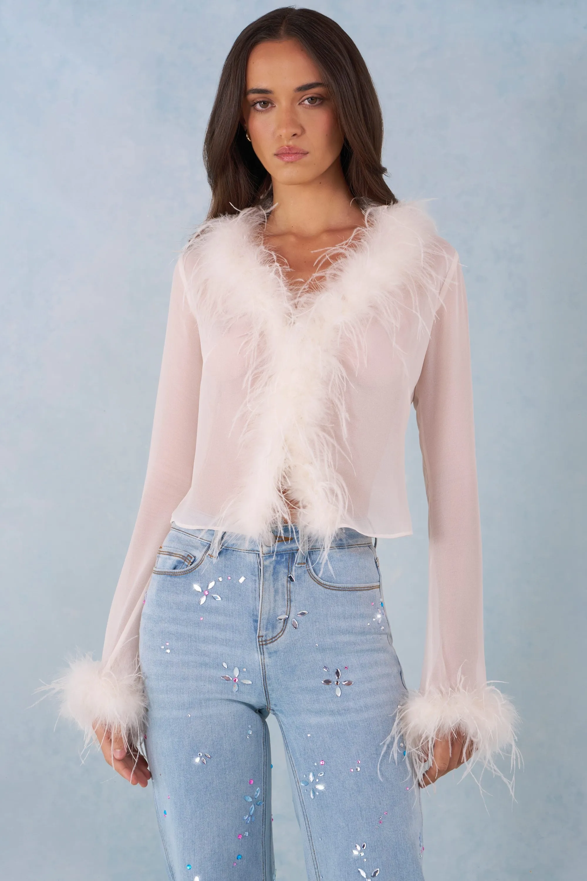 Faux Fur-Trim Sheer Top in Ivory sold by Oh Polly product image thumbnail 5