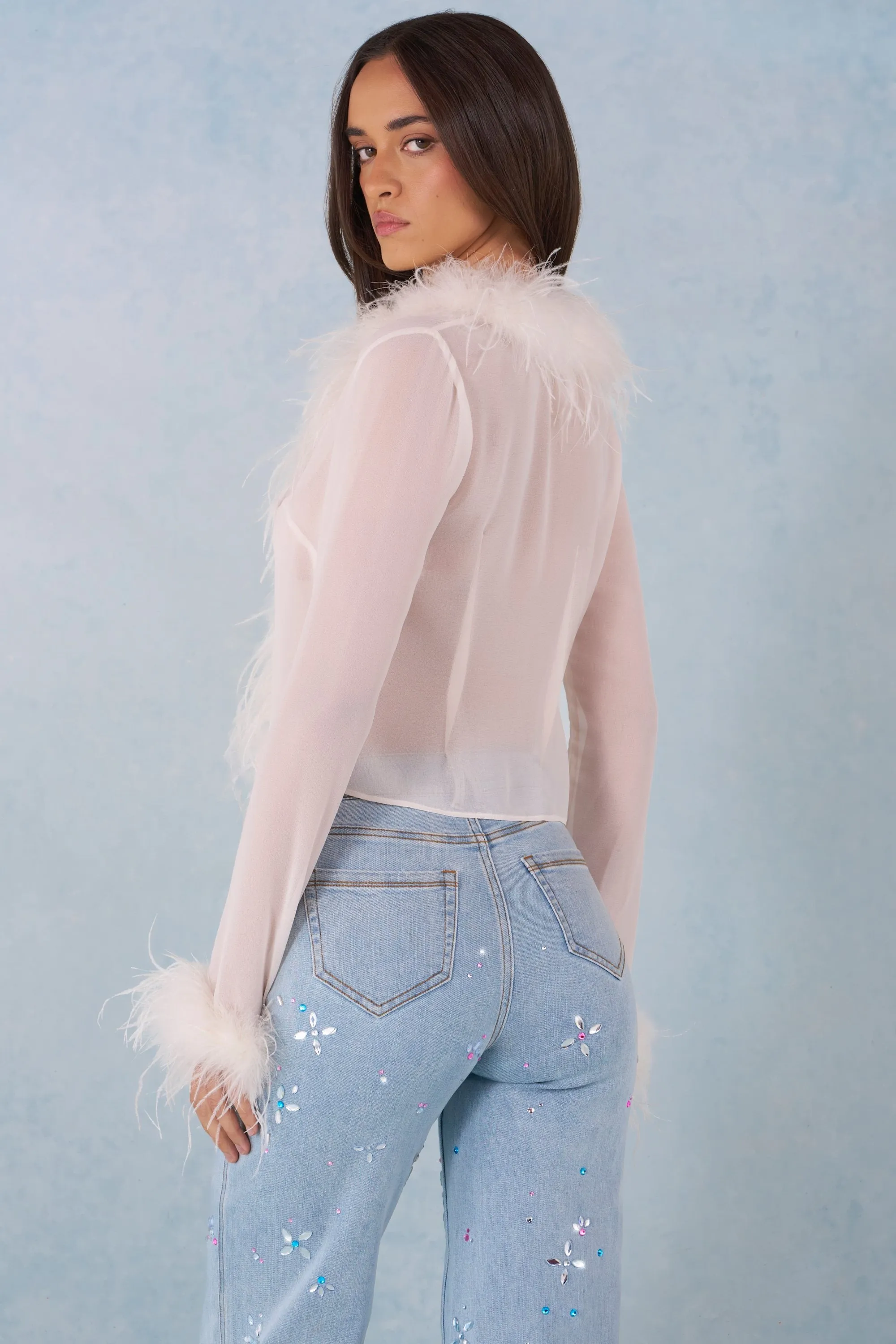 Faux Fur-Trim Sheer Top in Ivory sold by Oh Polly product image thumbnail 2