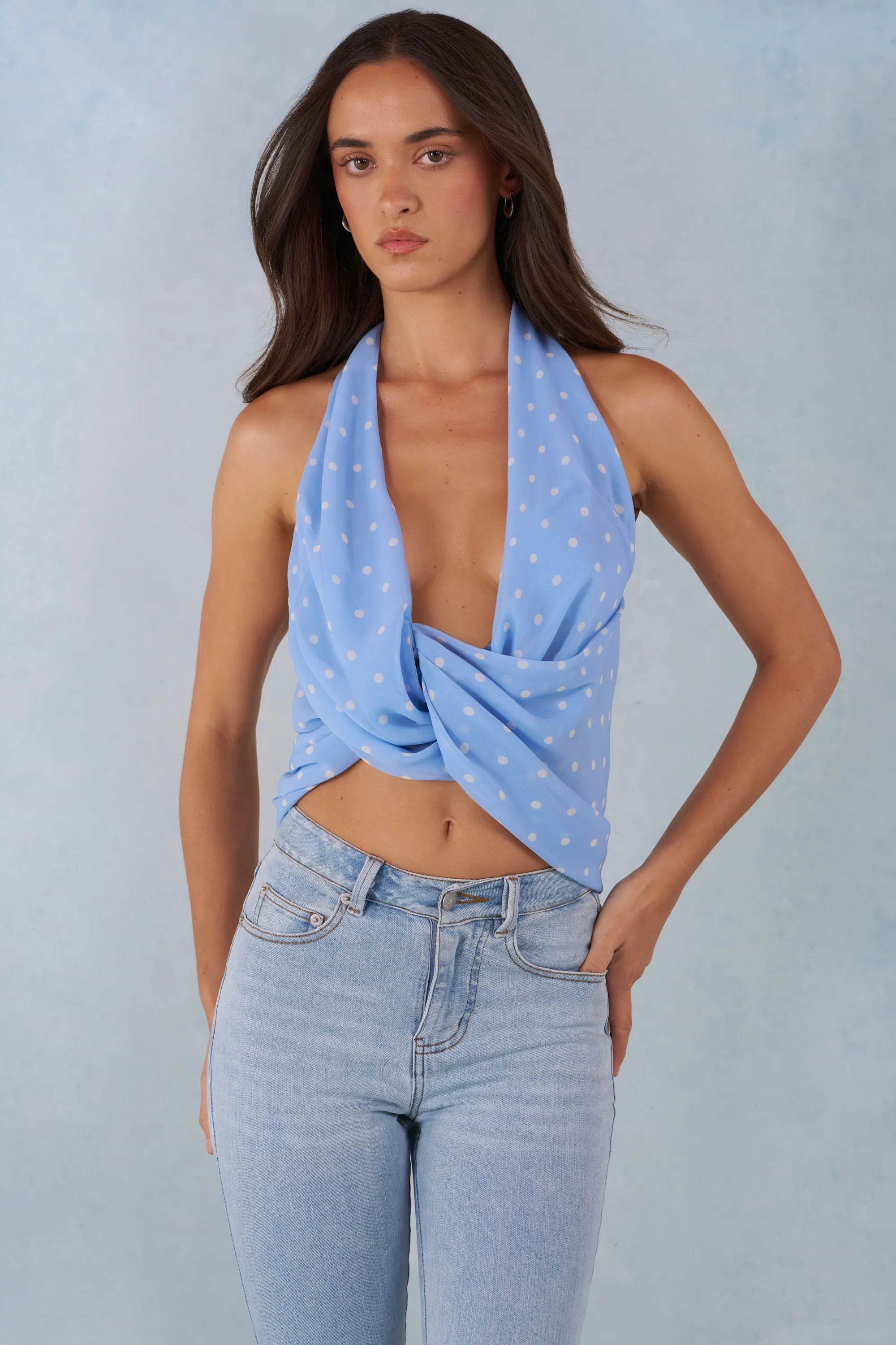 Deep Plunge Halterneck Top in Blue Polka Dot Print sold by Oh Polly