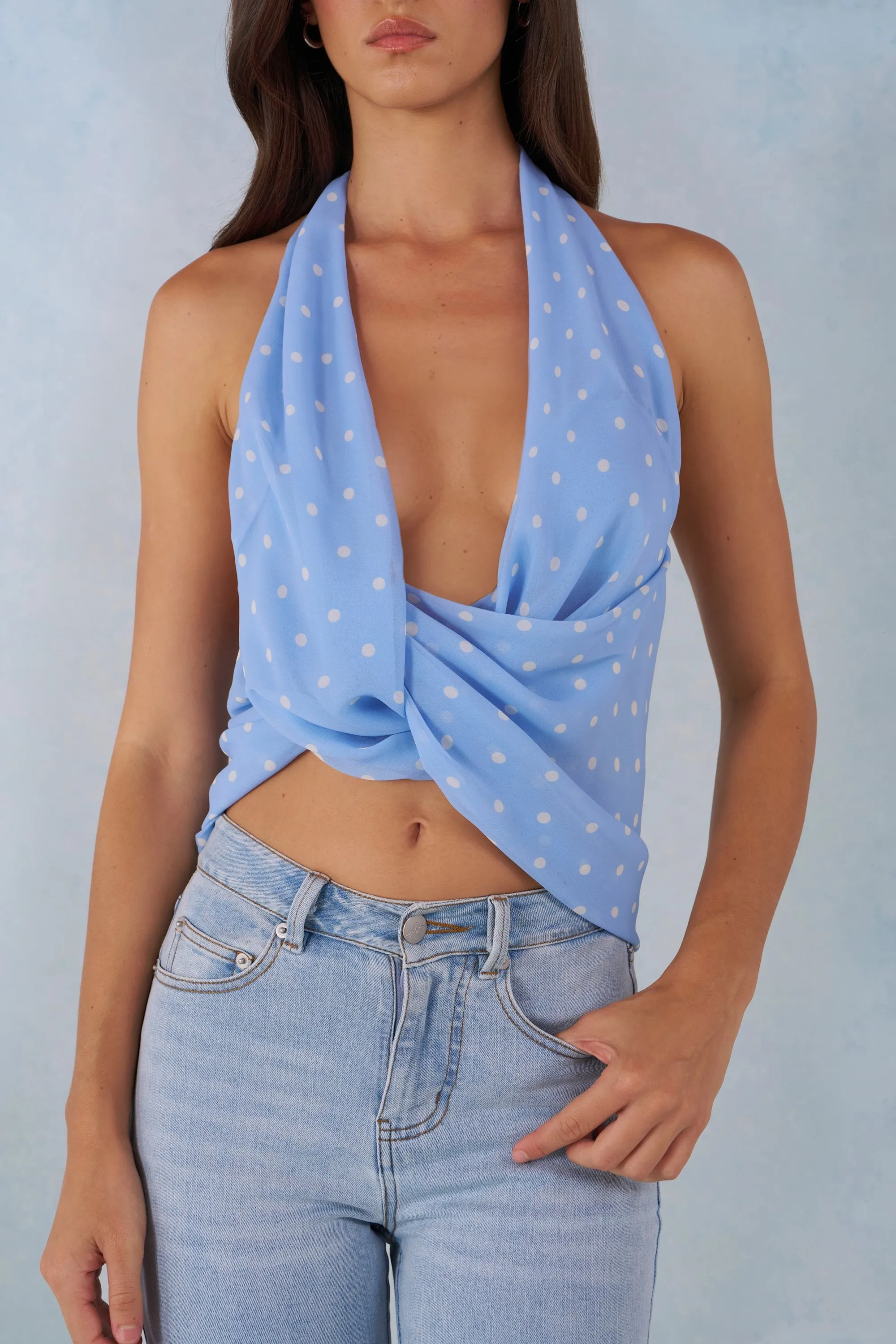 Deep Plunge Halterneck Top in Blue Polka Dot Print sold by Oh Polly product image thumbnail 4