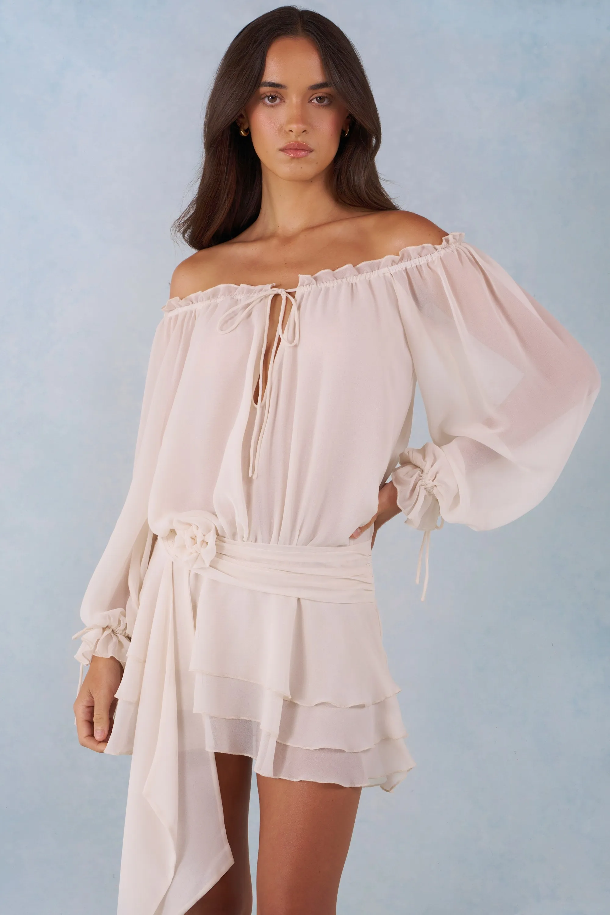 Off-Shoulder Balloon-Sleeve Mini Dress in Ivory sold by Oh Polly product image thumbnail 5