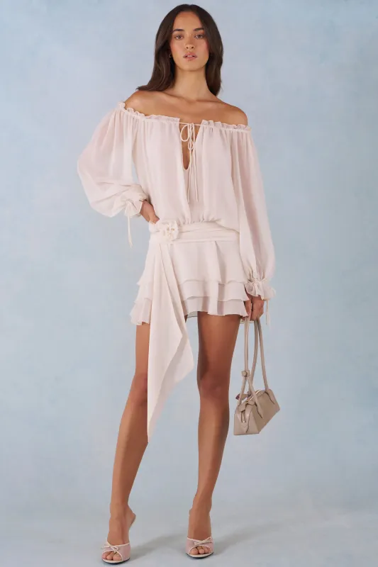 Off-Shoulder Balloon-Sleeve Mini Dress in Ivory sold by Oh Polly