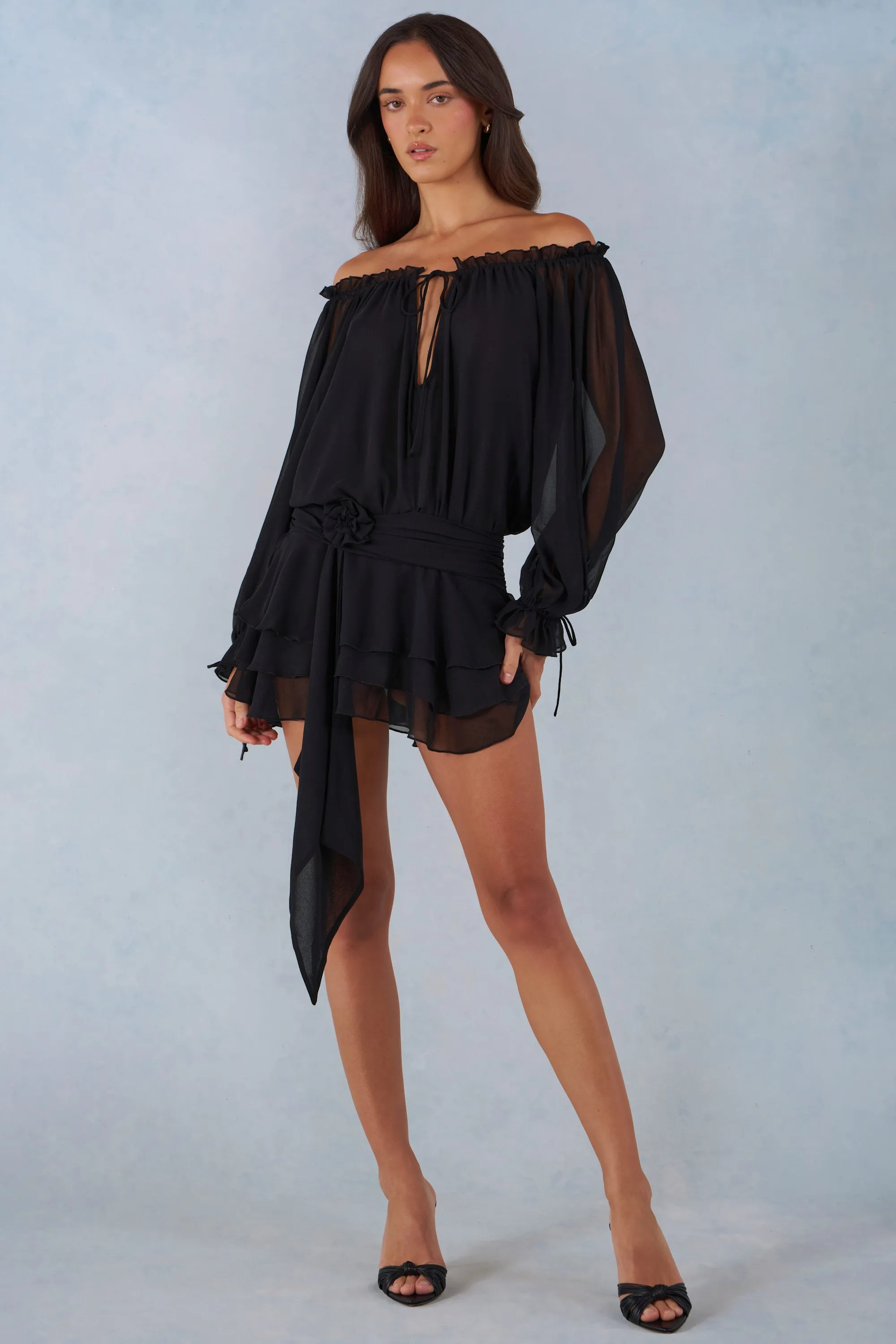 Off-Shoulder Balloon-Sleeve Mini Dress in Black sold by Oh Polly