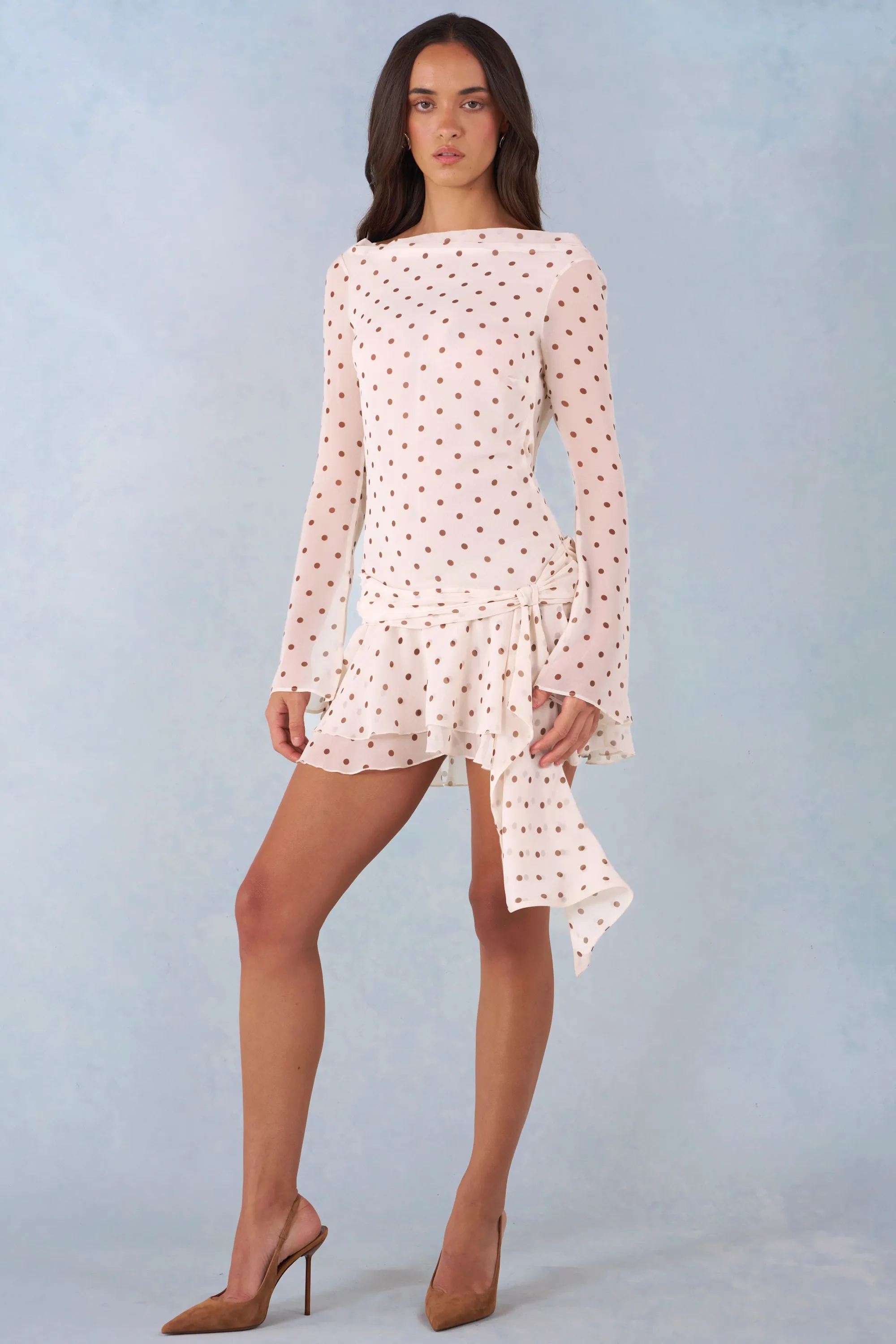 Long-Sleeve Open-Back Mini Dress in Ivory Polka Dot Print sold by Oh Polly