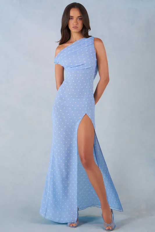 One-Shoulder Maxi Dress in Blue Polka Dot Print sold by Oh Polly