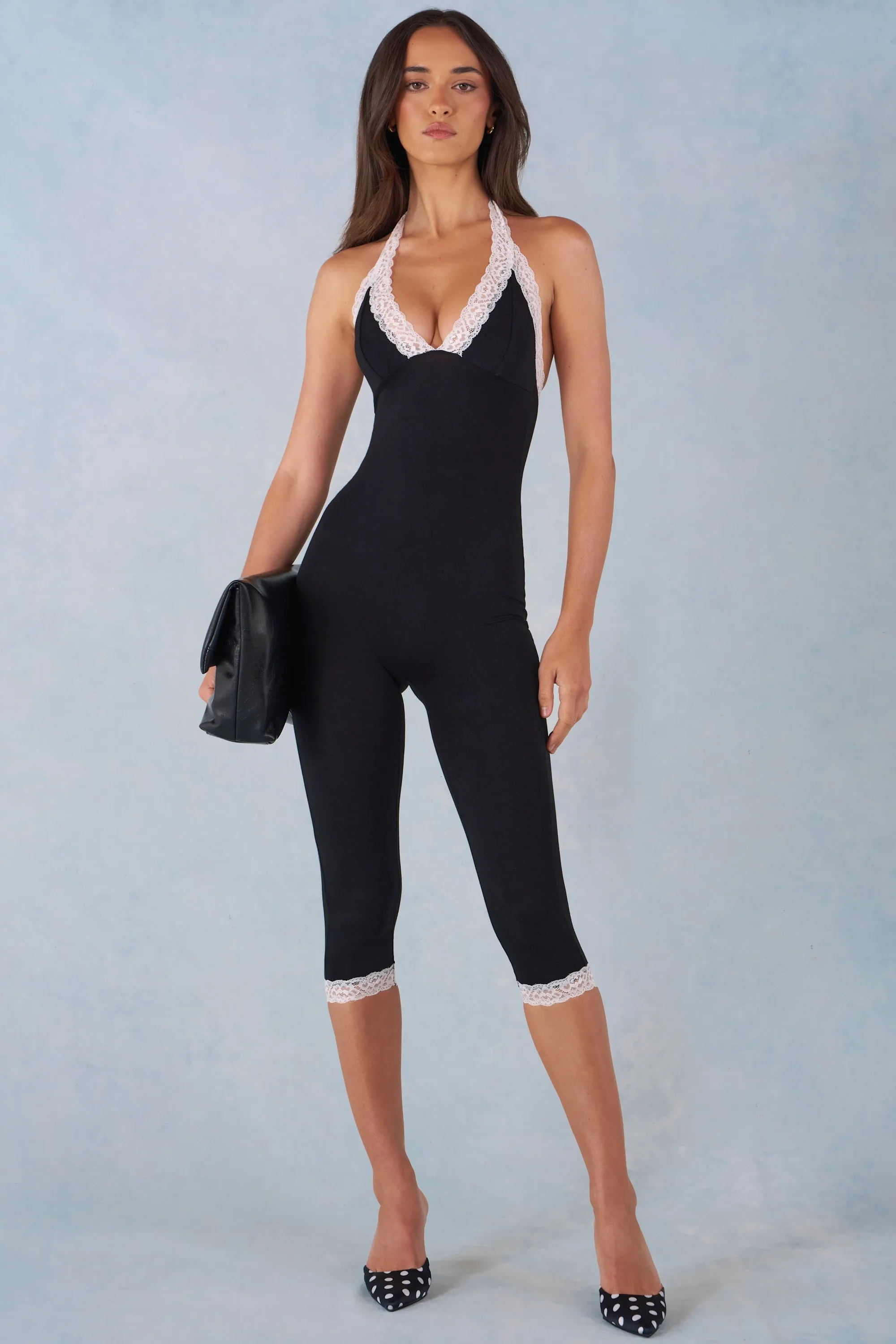 Modal Lace-Trim Capri Jumpsuit in Black sold by Oh Polly
